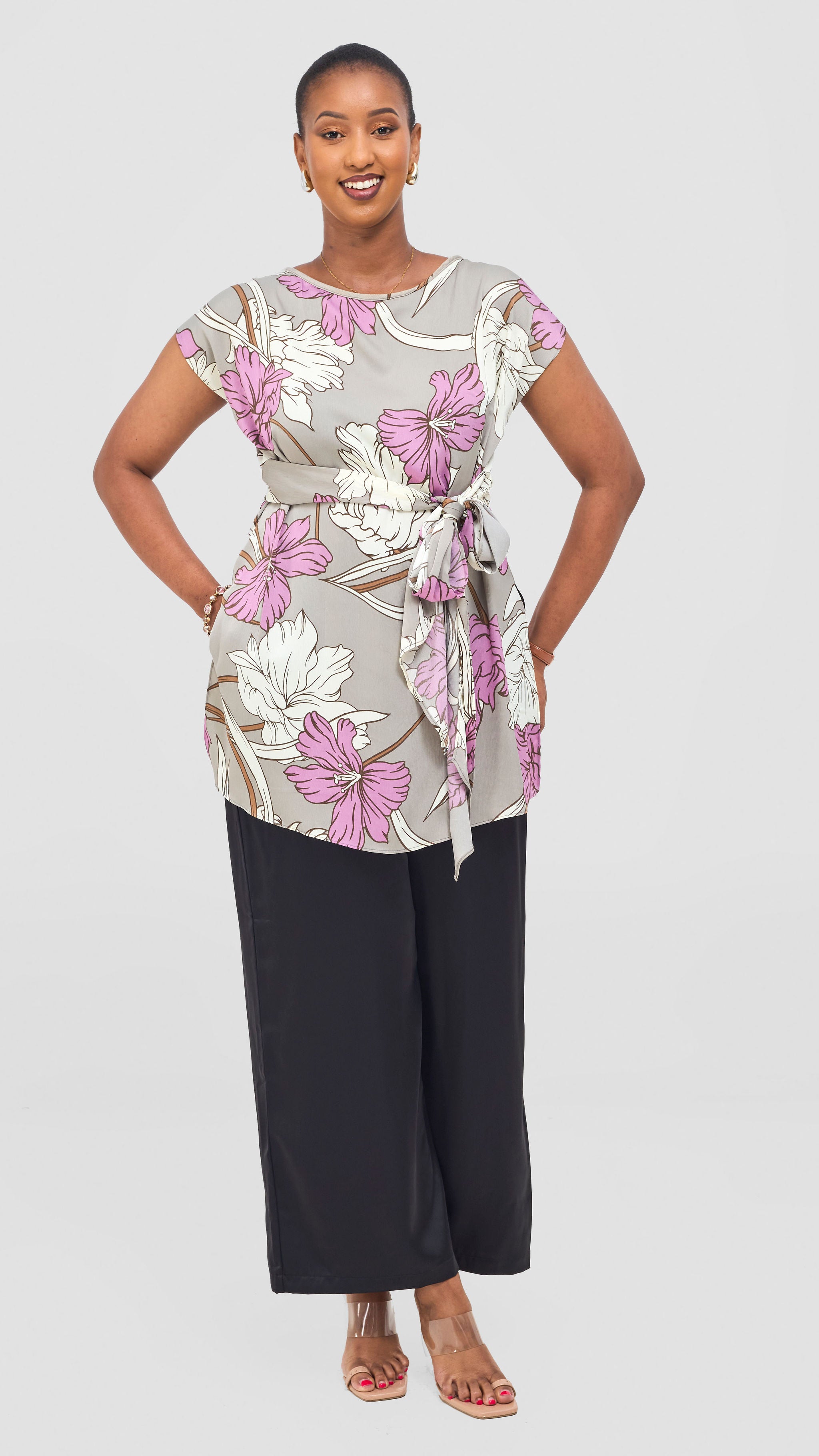 Vivo Yene Front Tie Tunic Top - Grey / Purple Tunu Print