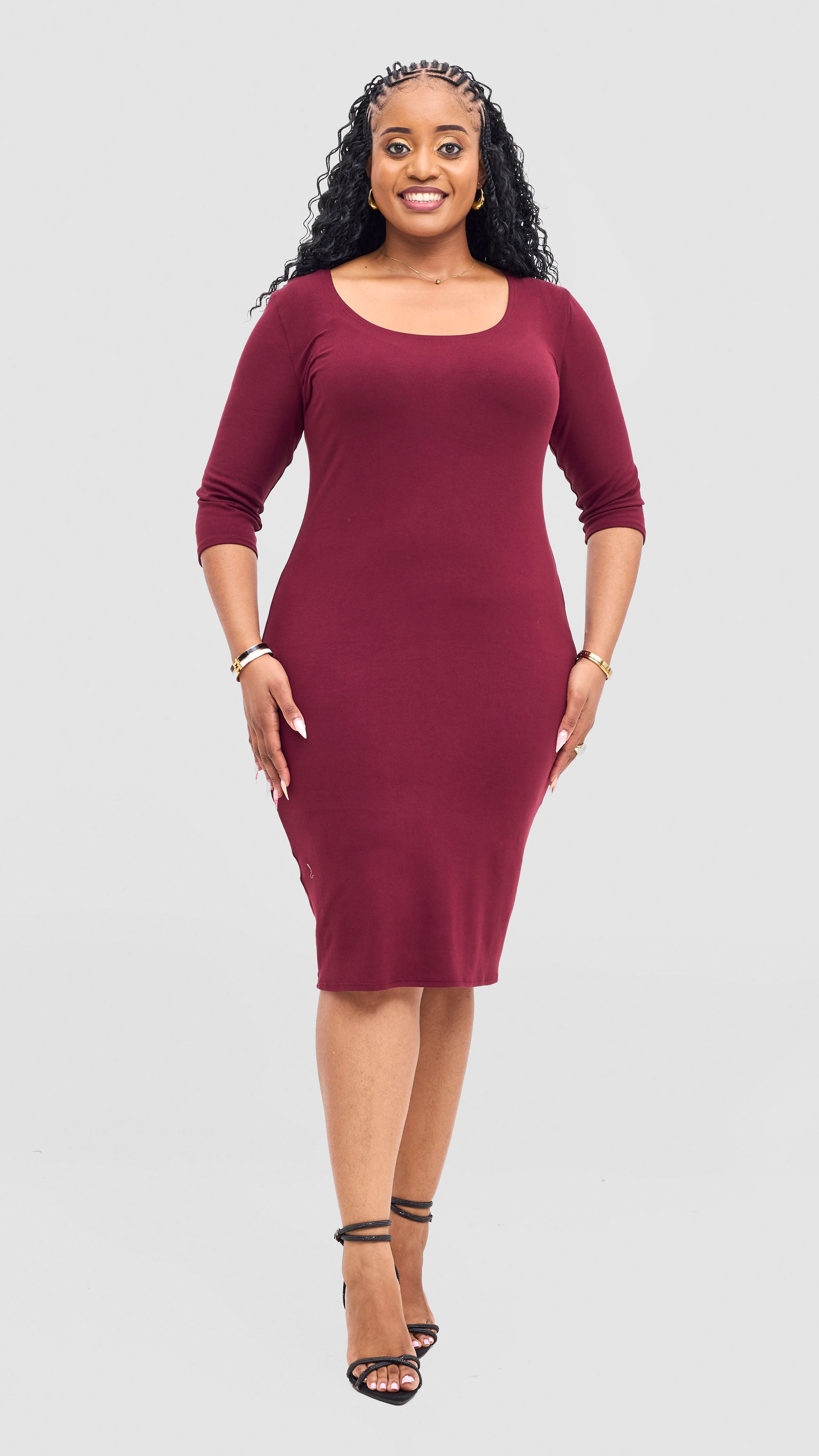 Vivo Basic 3/4 Sleeve Leila Bodycon Dress - Maroon