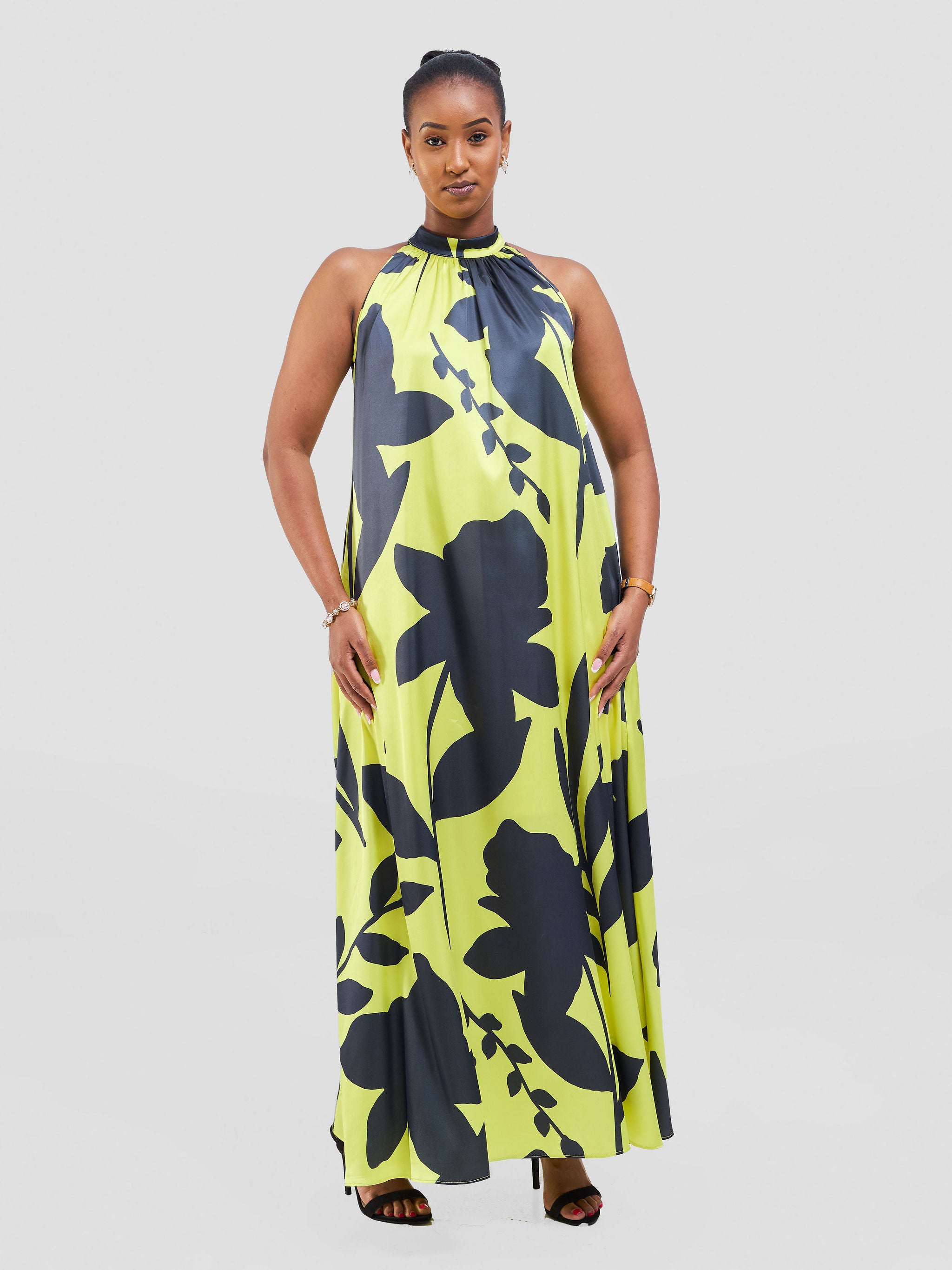 Vivo Jamila Halter Neck Maxi Dress - Lime / Dark Navy Voi Print
