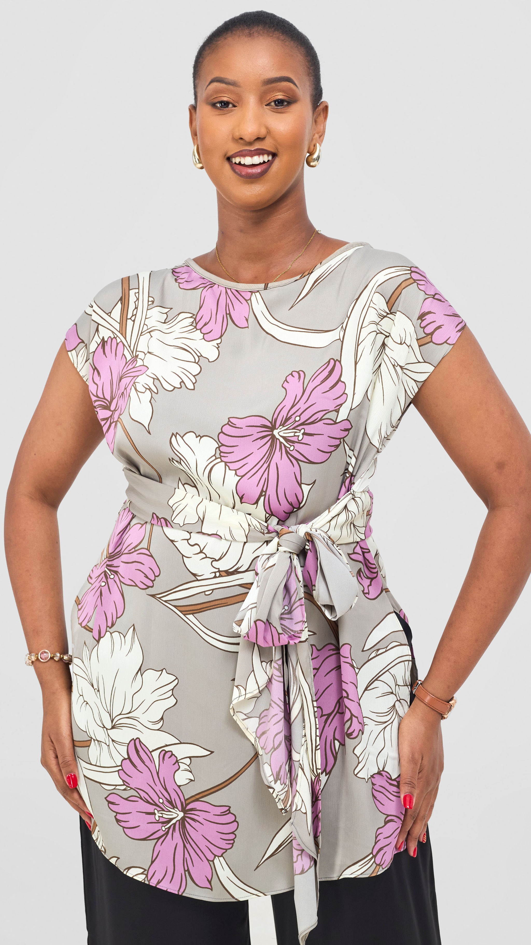 Vivo Yene Front Tie Tunic Top - Grey / Purple Tunu Print