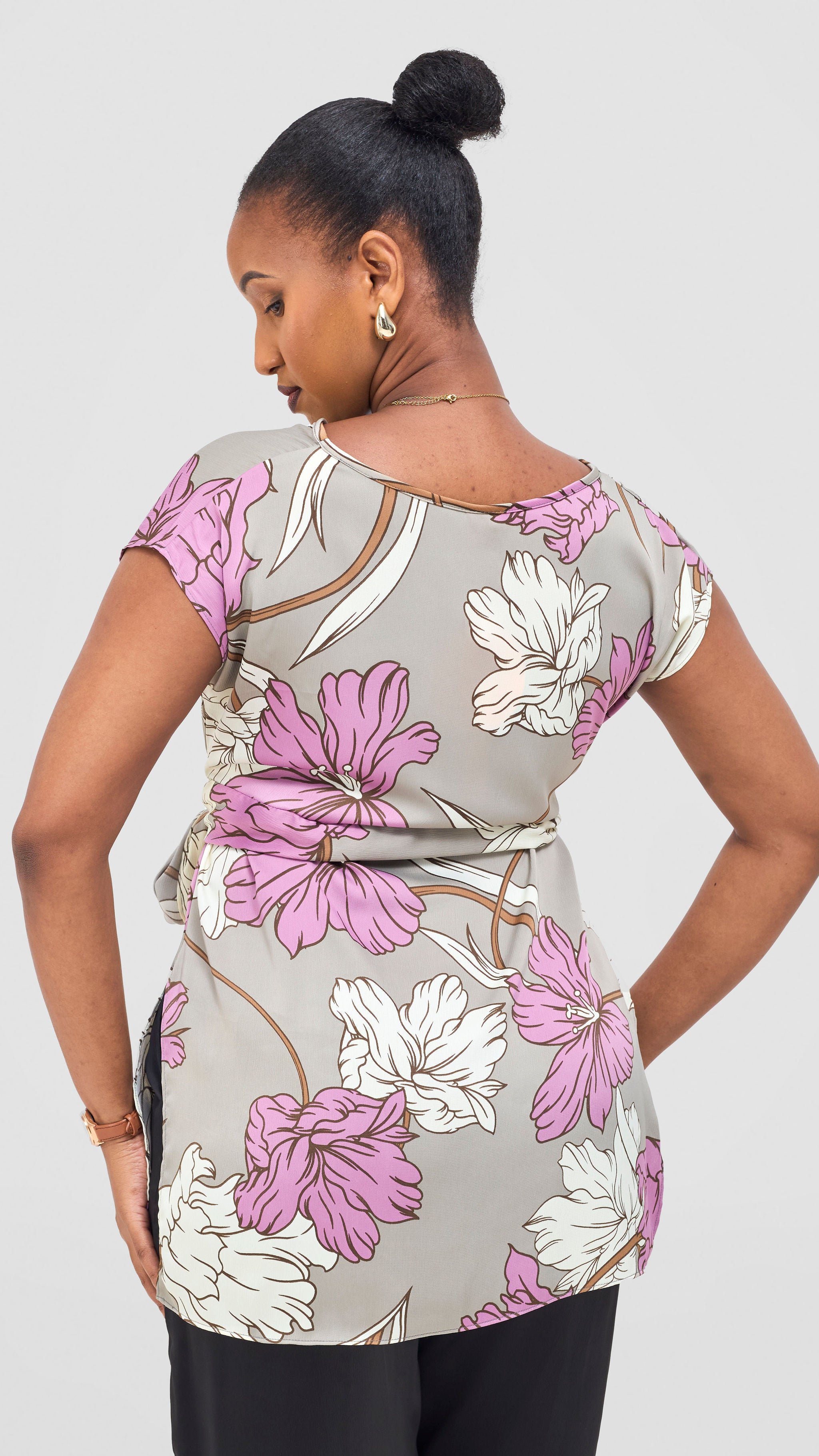 Vivo Yene Front Tie Tunic Top - Grey / Purple Tunu Print