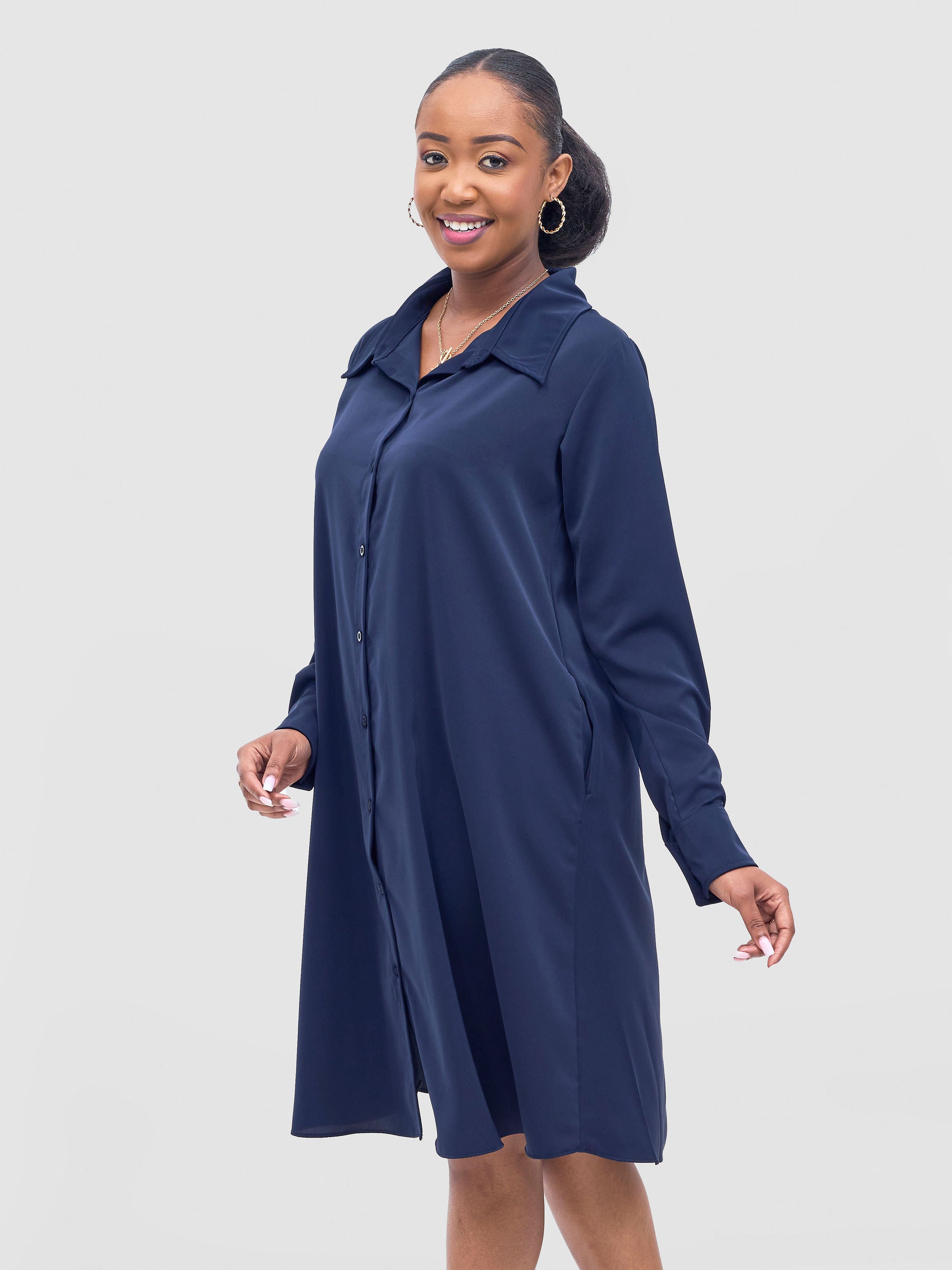 Vivo Basic Long Sleeve Tent Shirt Dress - Navy
