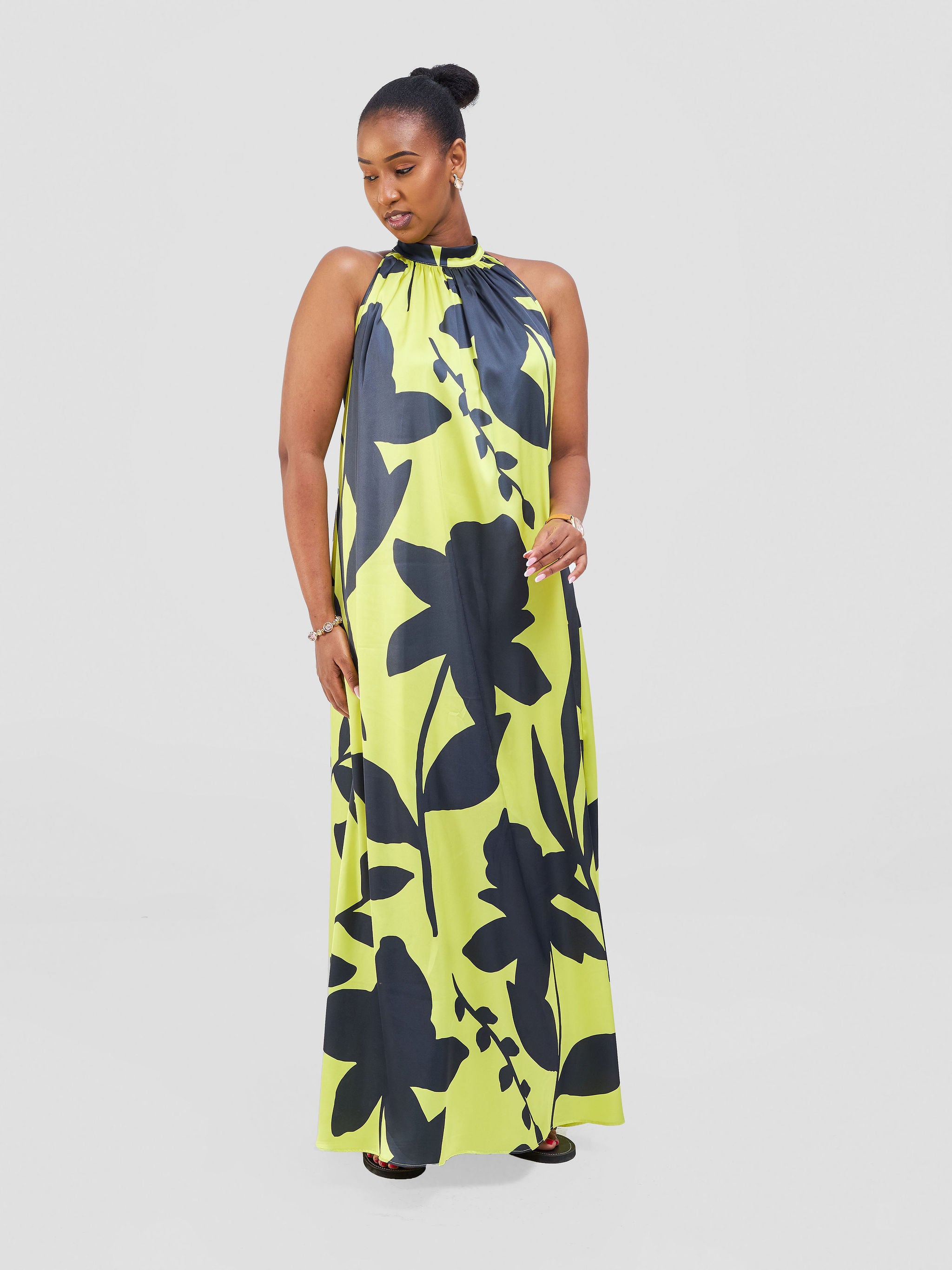 Vivo Jamila Halter Neck Maxi Dress - Lime / Dark Navy Voi Print