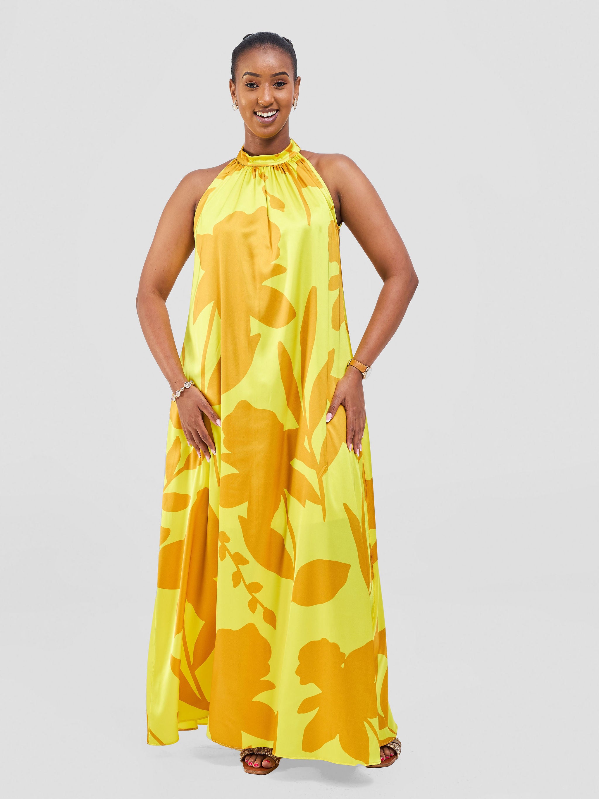 Vivo Jamila Halter Neck Maxi Dress - Yellow / Dark Mustard Voi Print