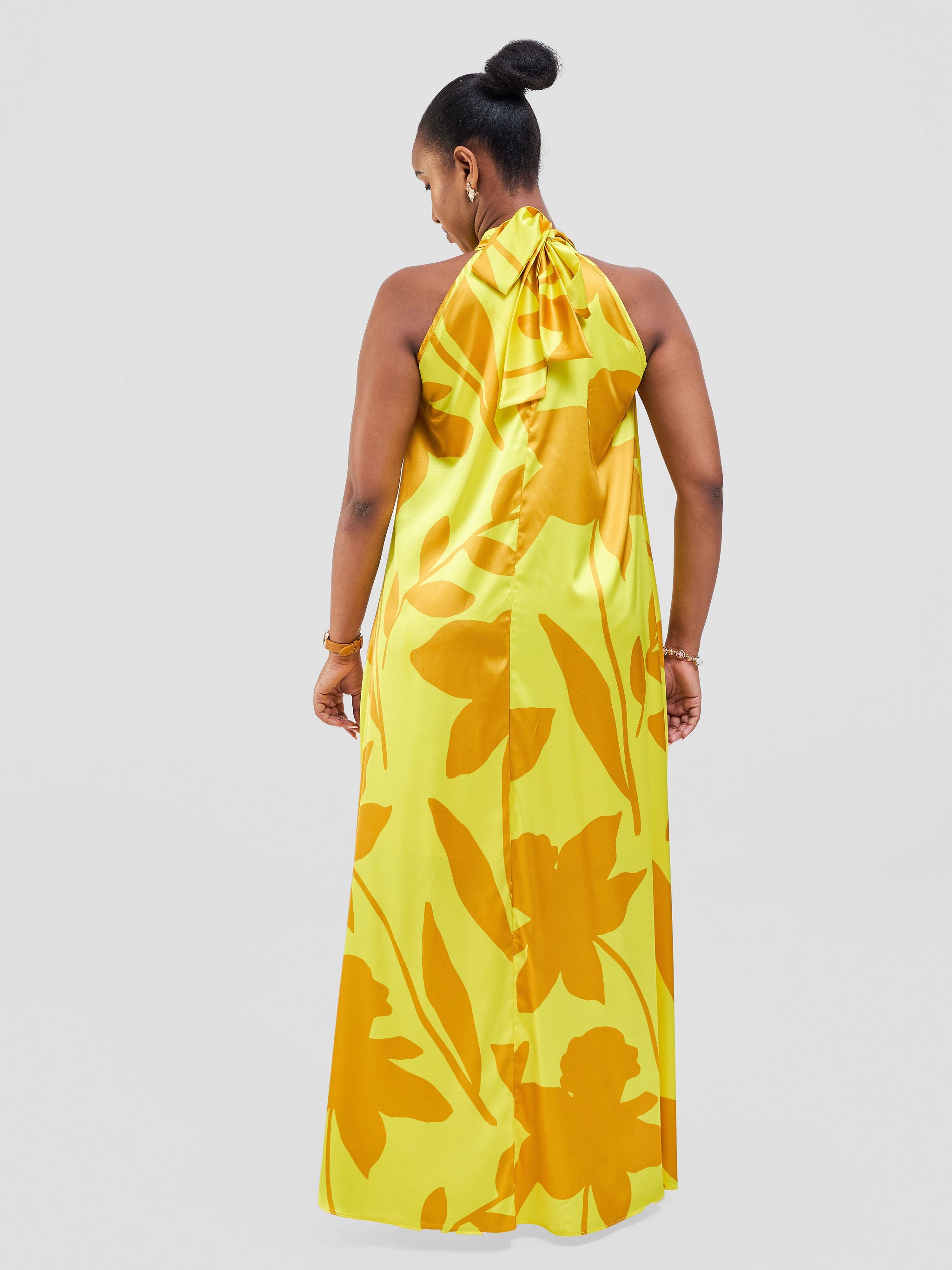 Vivo Jamila Halter Neck Maxi Dress - Yellow / Dark Mustard Voi Print