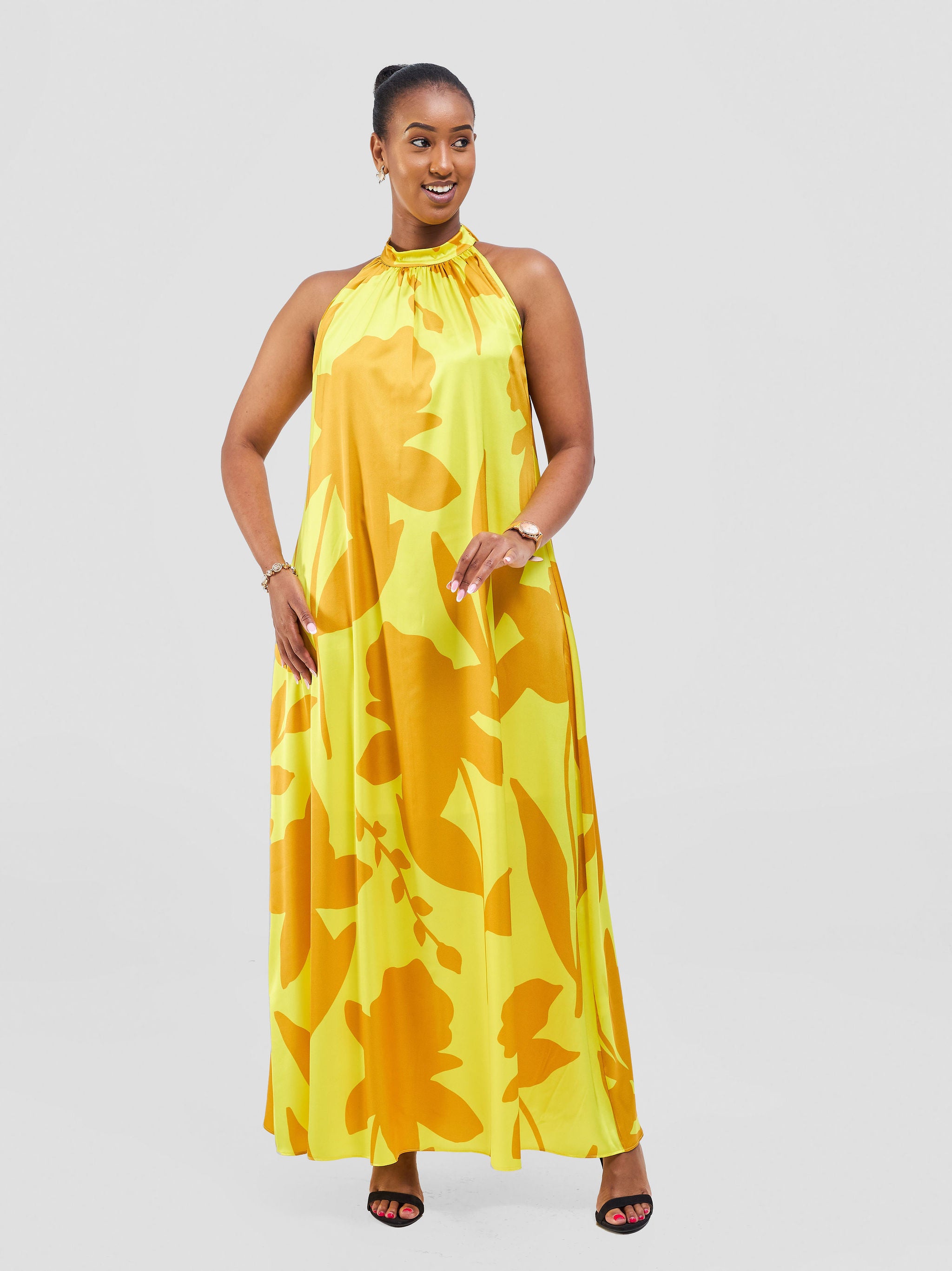 Vivo Jamila Halter Neck Maxi Dress - Yellow / Dark Mustard Voi Print