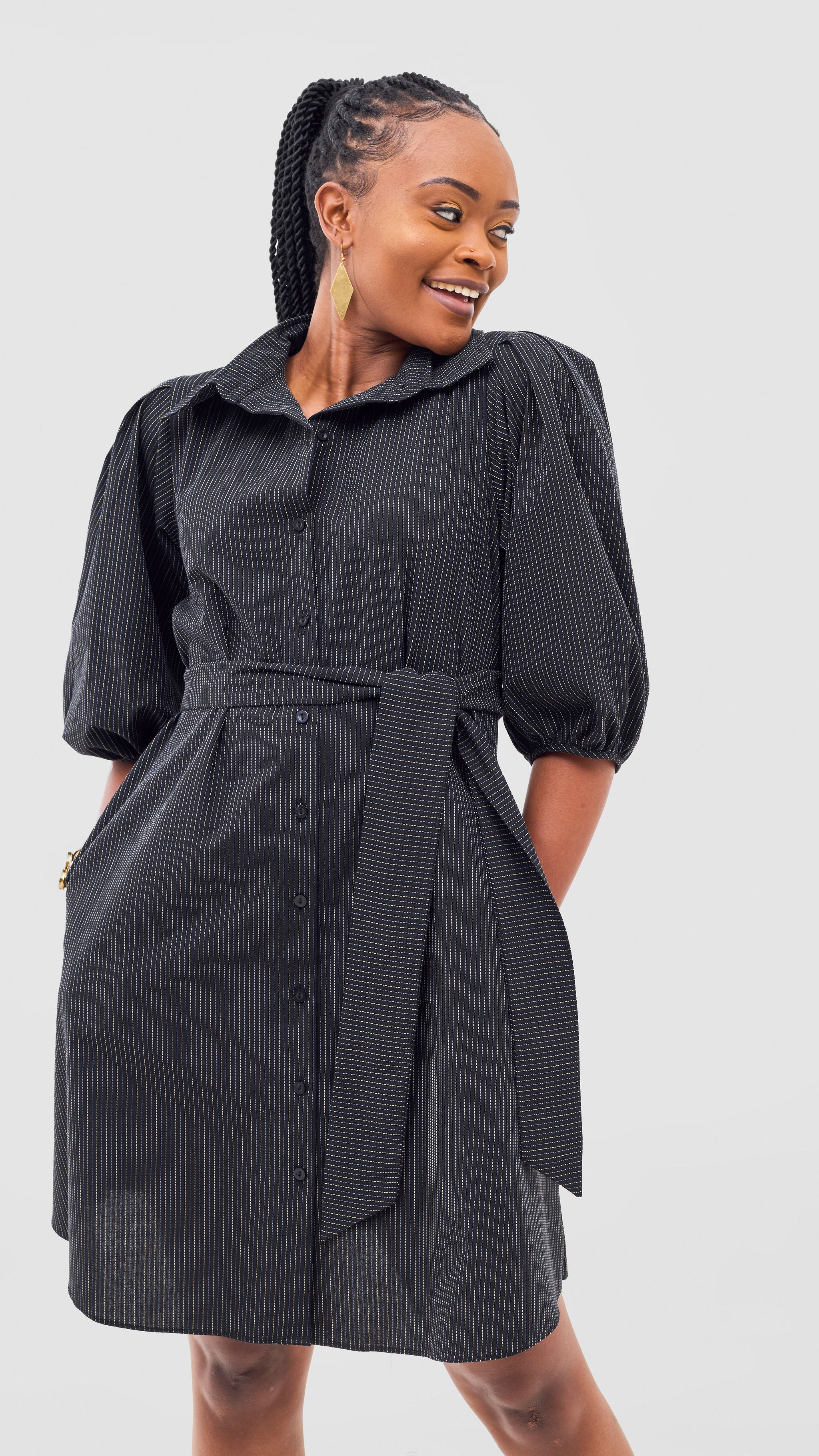 Safari Naledi 3/4 Sleeve Tent Dress - Navy Pinstripes Print