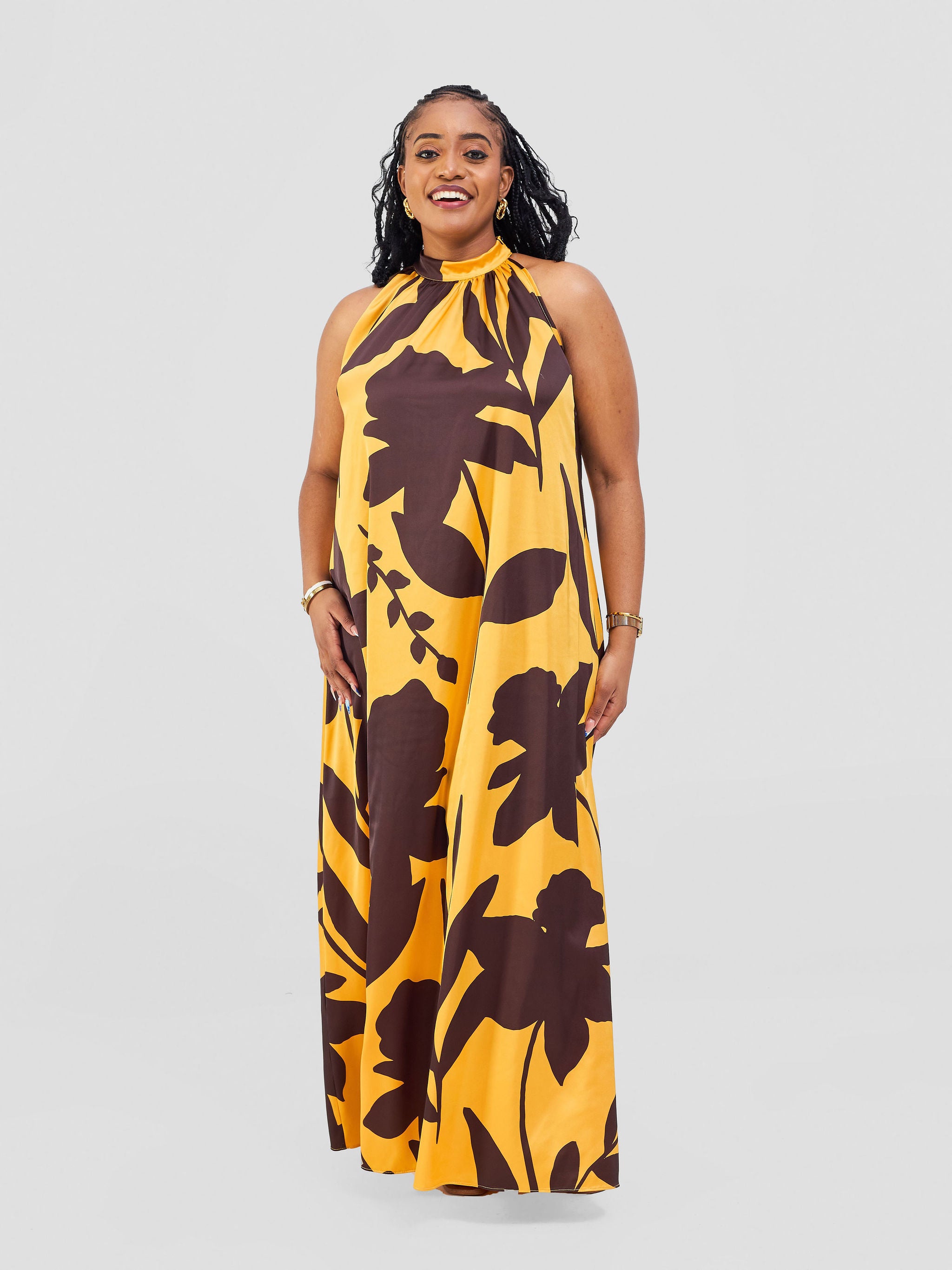 Vivo Jamila Halter Neck Maxi Dress - Mustard / Dark Brown Voi Print