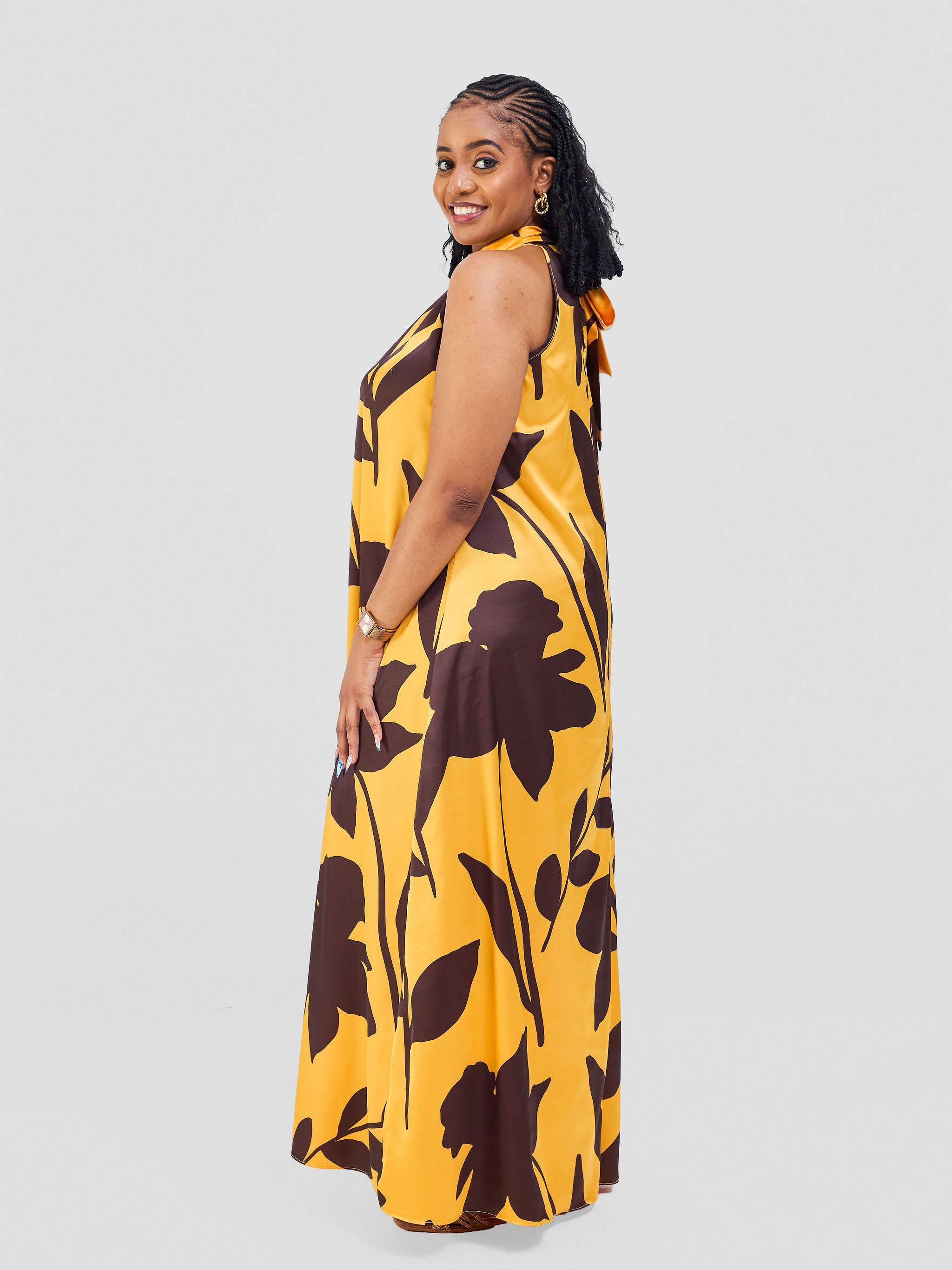 Vivo Jamila Halter Neck Maxi Dress - Mustard / Dark Brown Voi Print