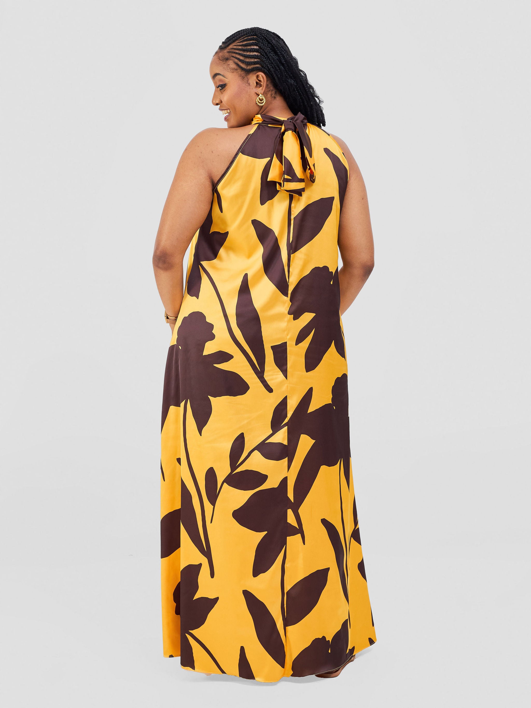 Vivo Jamila Halter Neck Maxi Dress - Mustard / Dark Brown Voi Print