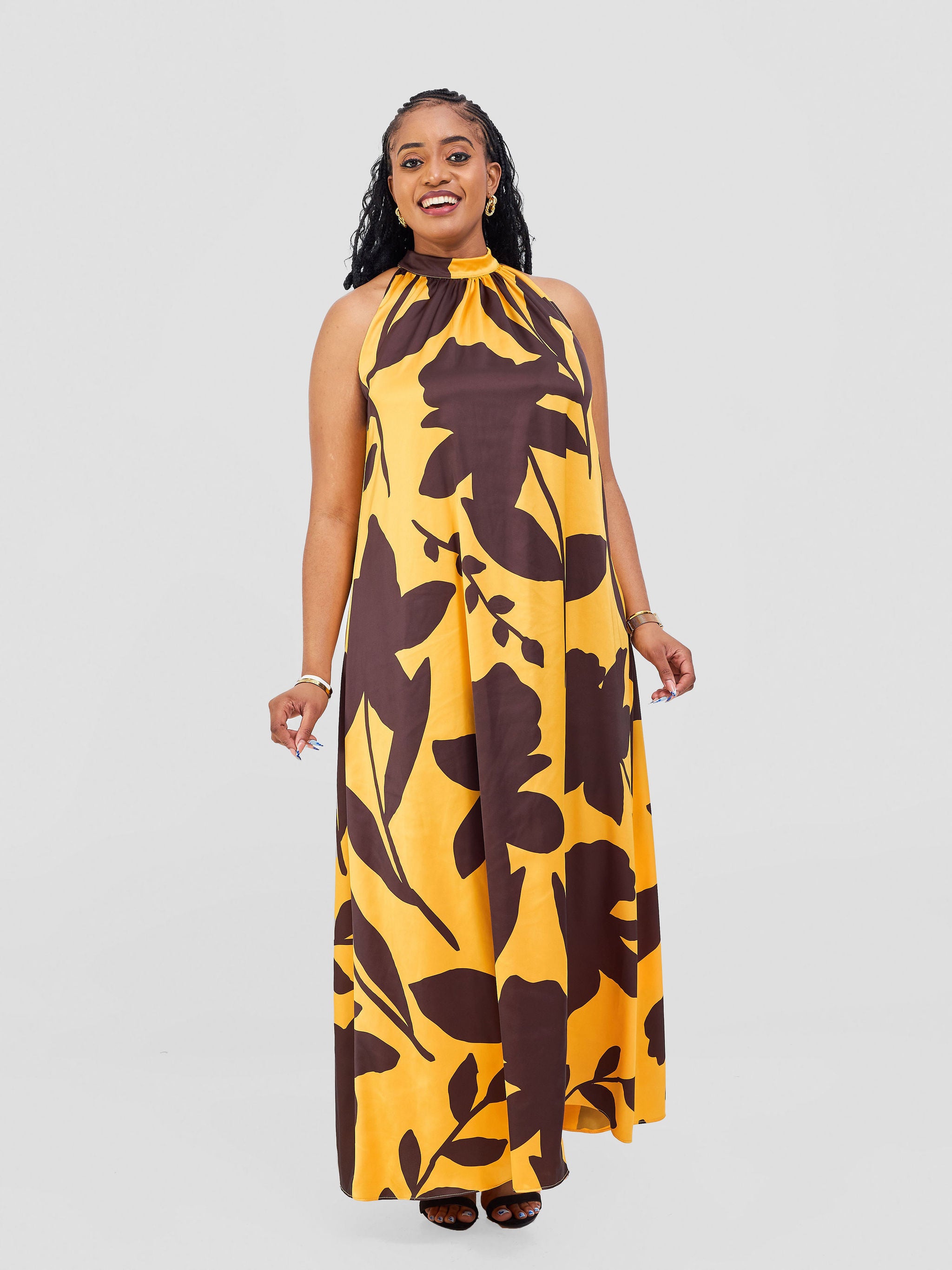 Vivo Jamila Halter Neck Maxi Dress - Mustard / Dark Brown Voi Print