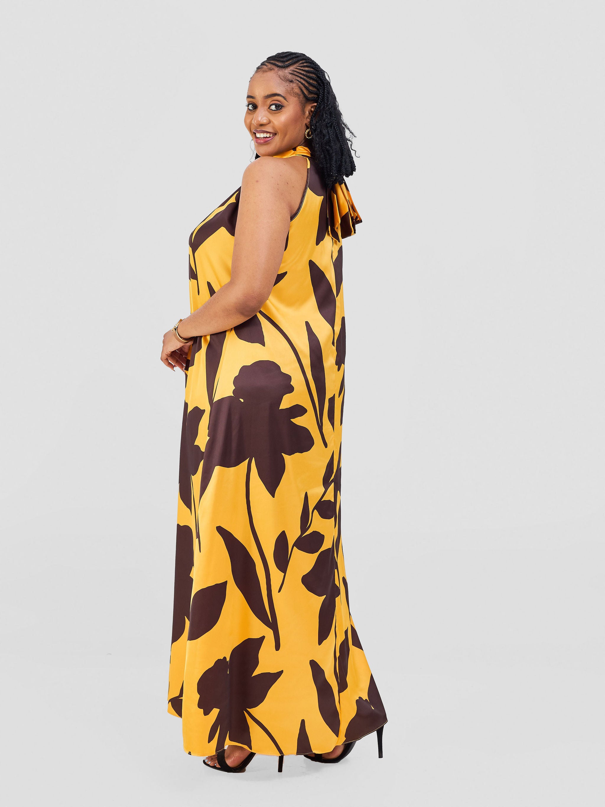 Vivo Jamila Halter Neck Maxi Dress - Mustard / Dark Brown Voi Print