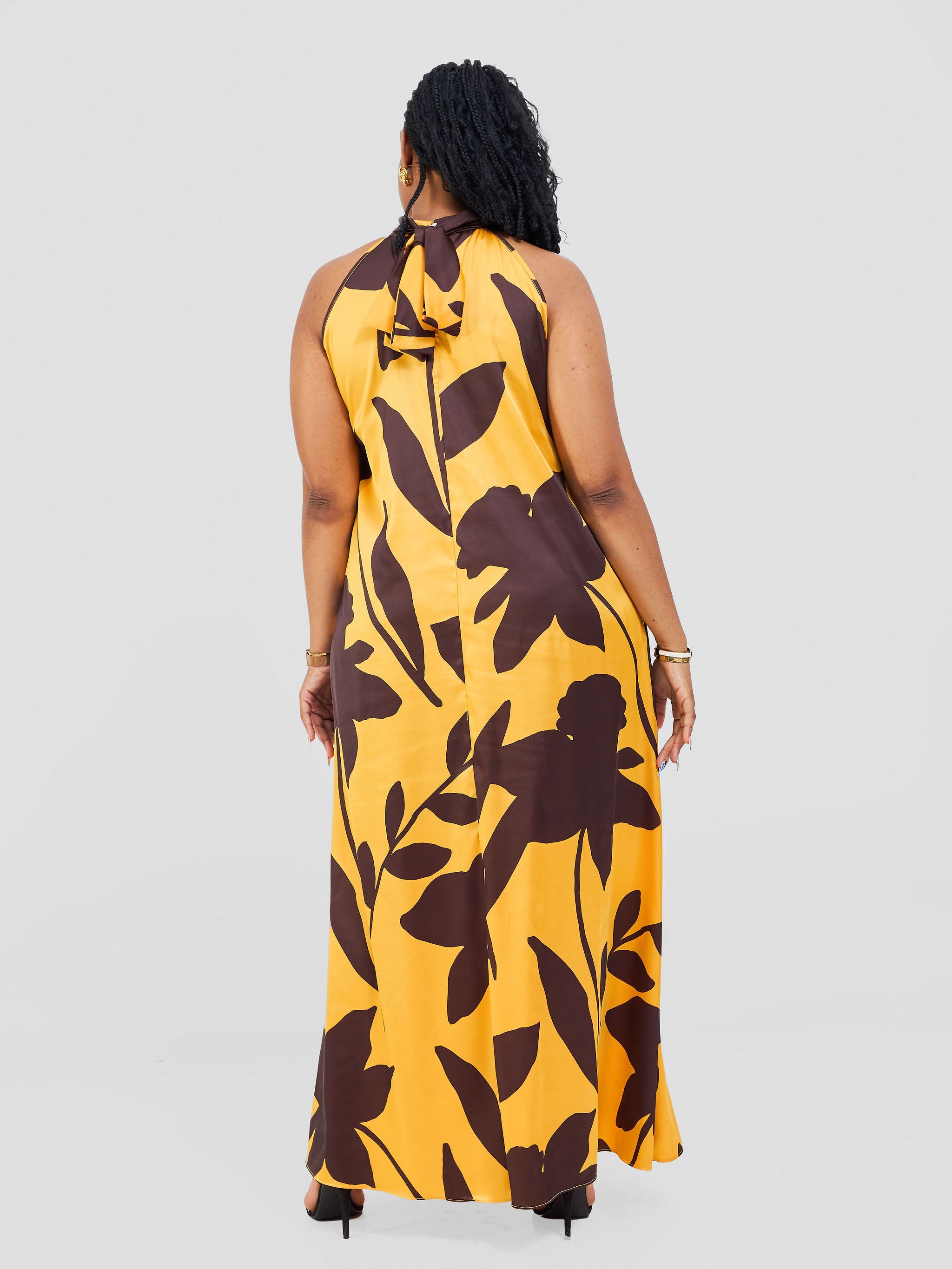 Vivo Jamila Halter Neck Maxi Dress - Mustard / Dark Brown Voi Print