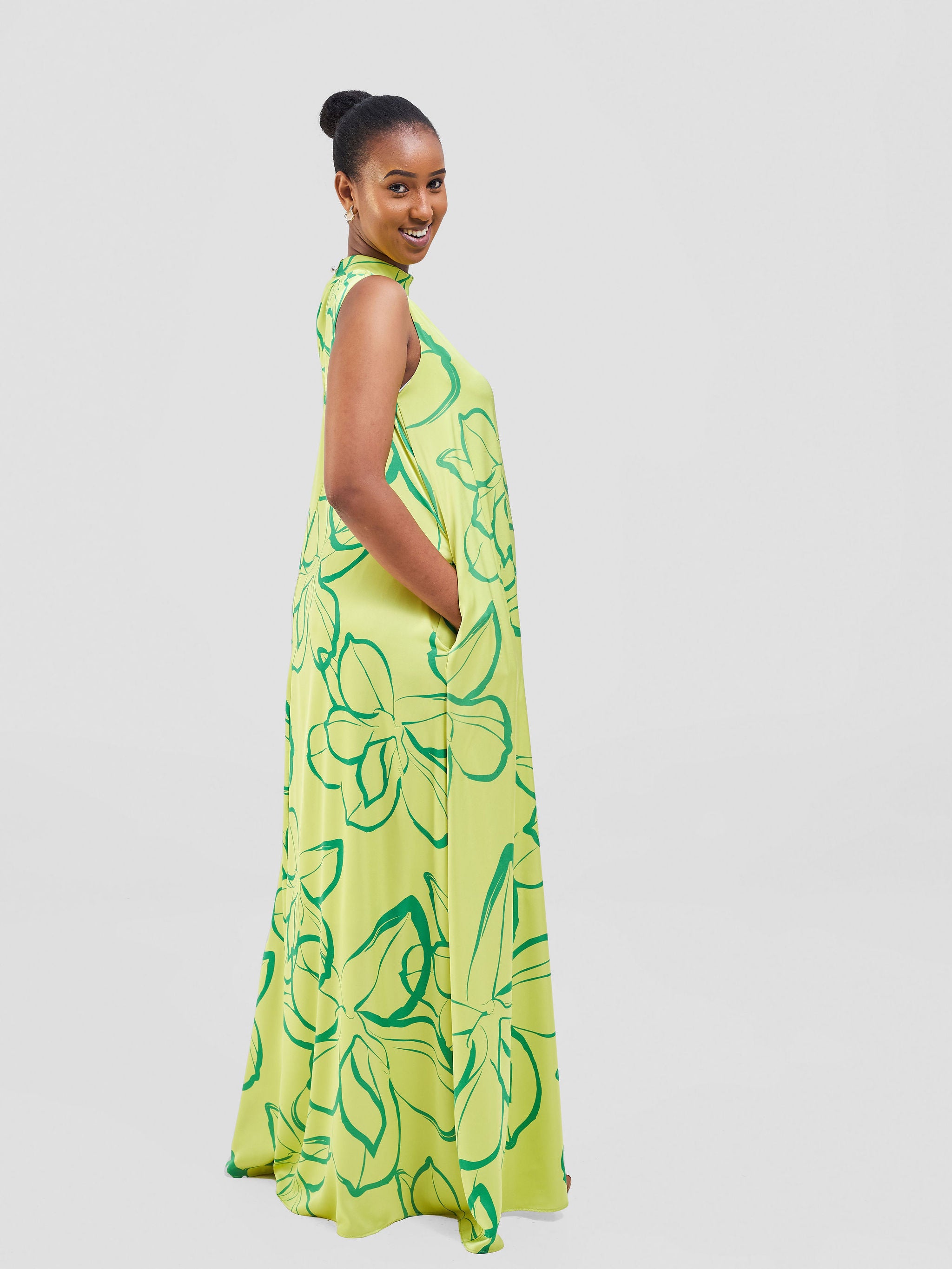 Vivo Thando Mock Neck Maxi Dress - Lime / Sea Green Ruvu Print