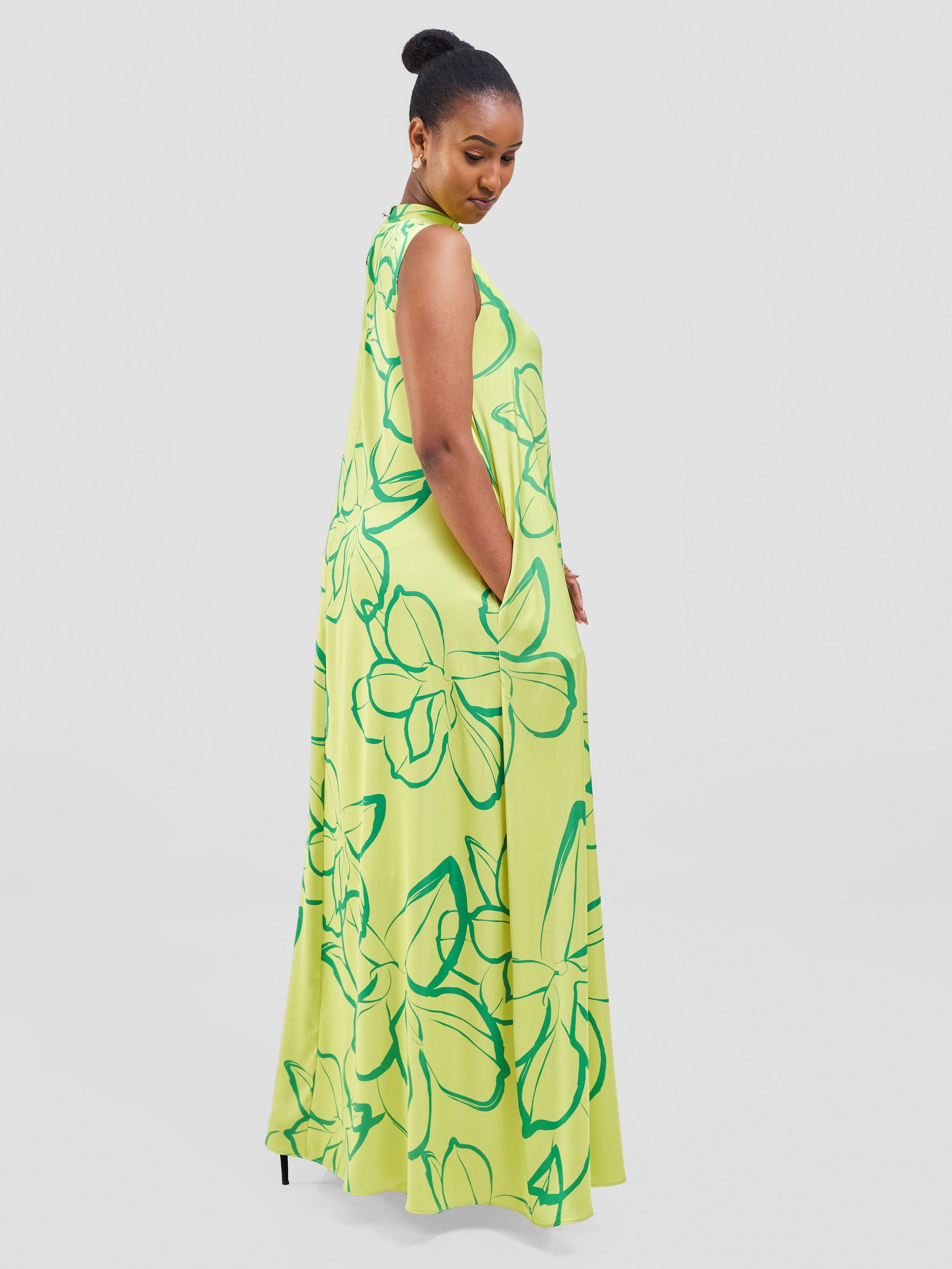 Vivo Thando Mock Neck Maxi Dress - Lime / Sea Green Ruvu Print