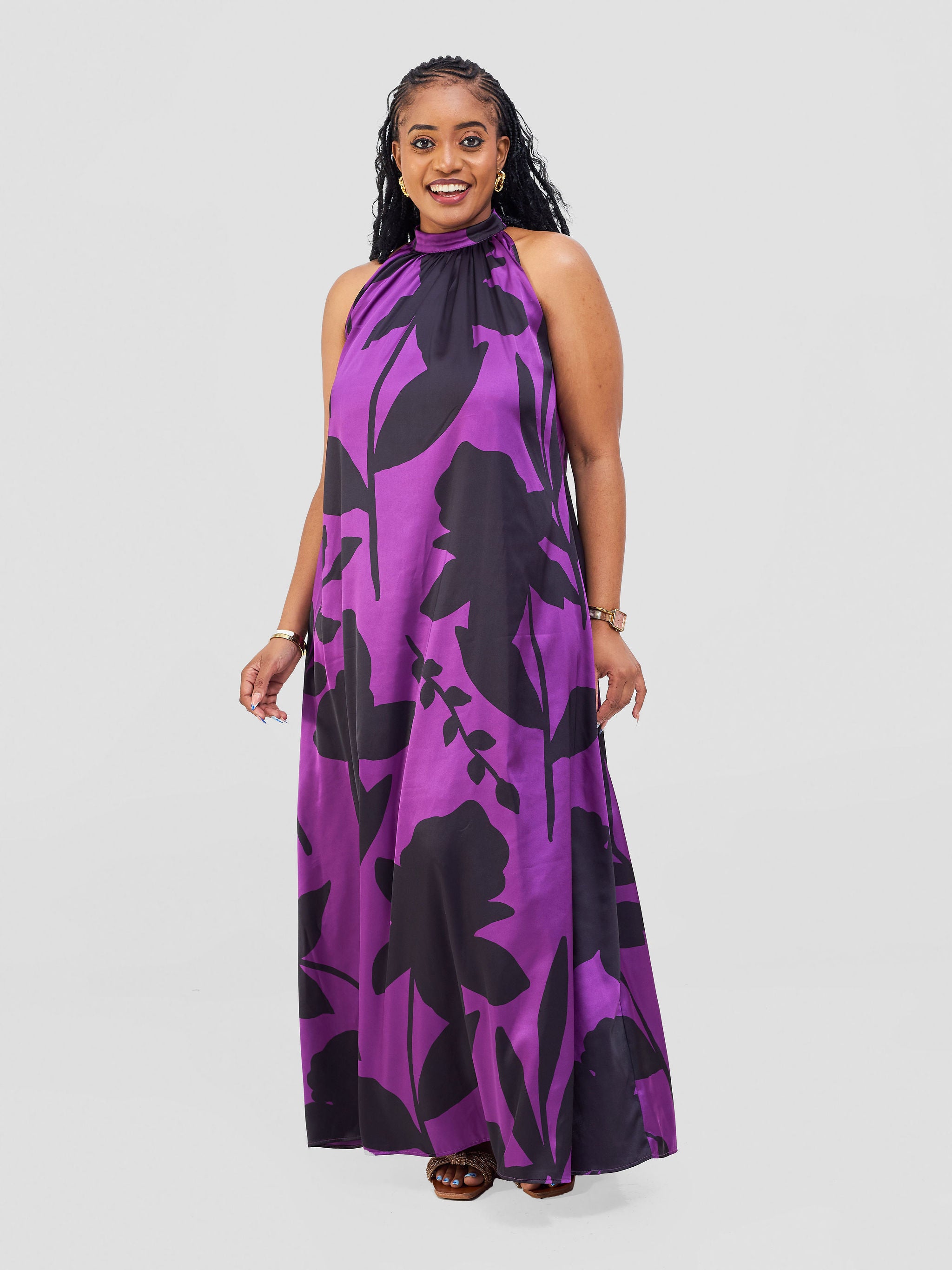 Vivo Jamila Halter Neck Maxi Dress - Light Purple / Black Voi Print