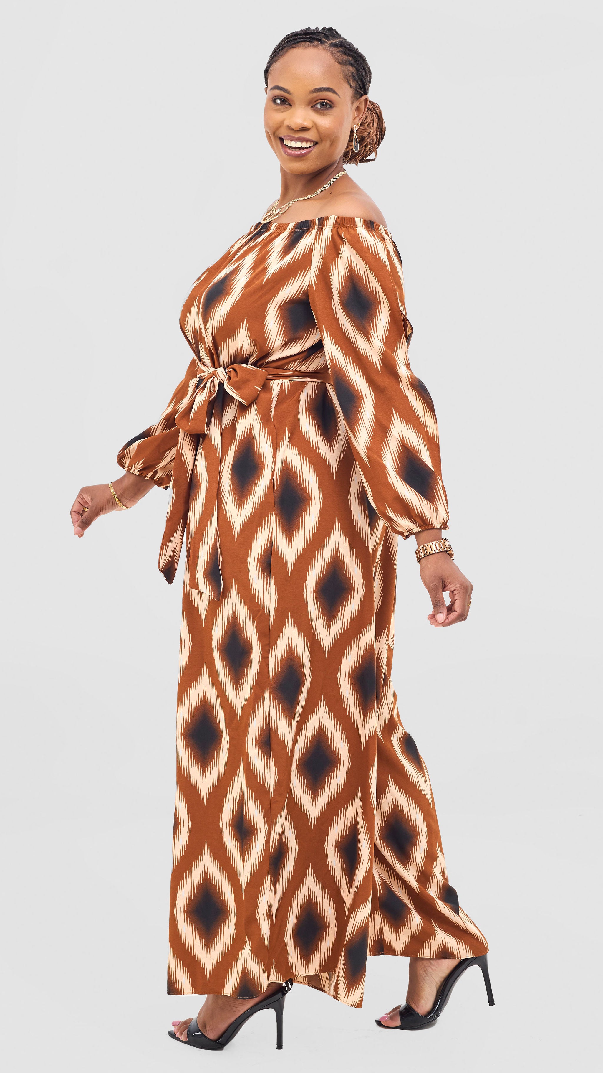 Vivo Yumi Off Shoulder Jumpsuit - Cream / Rust Rumi Print