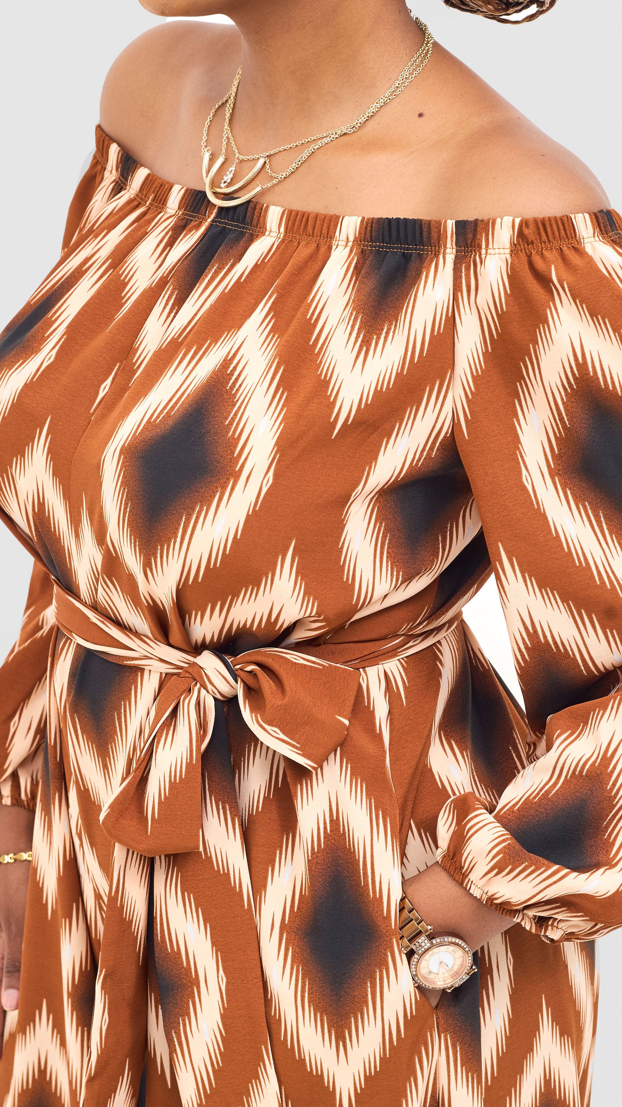 Vivo Yumi Off Shoulder Jumpsuit - Cream / Rust Rumi Print
