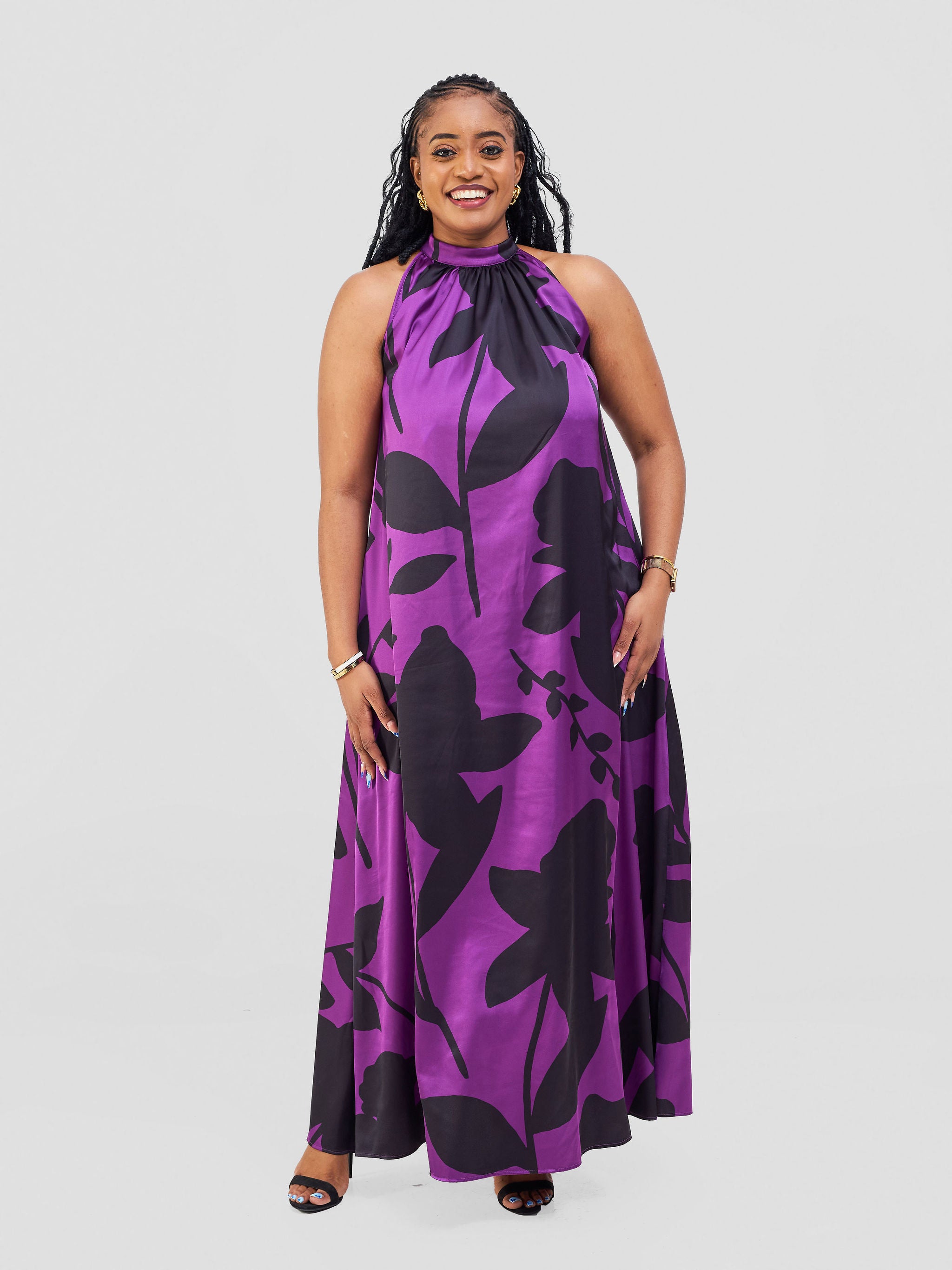 Vivo Jamila Halter Neck Maxi Dress - Light Purple / Black Voi Print