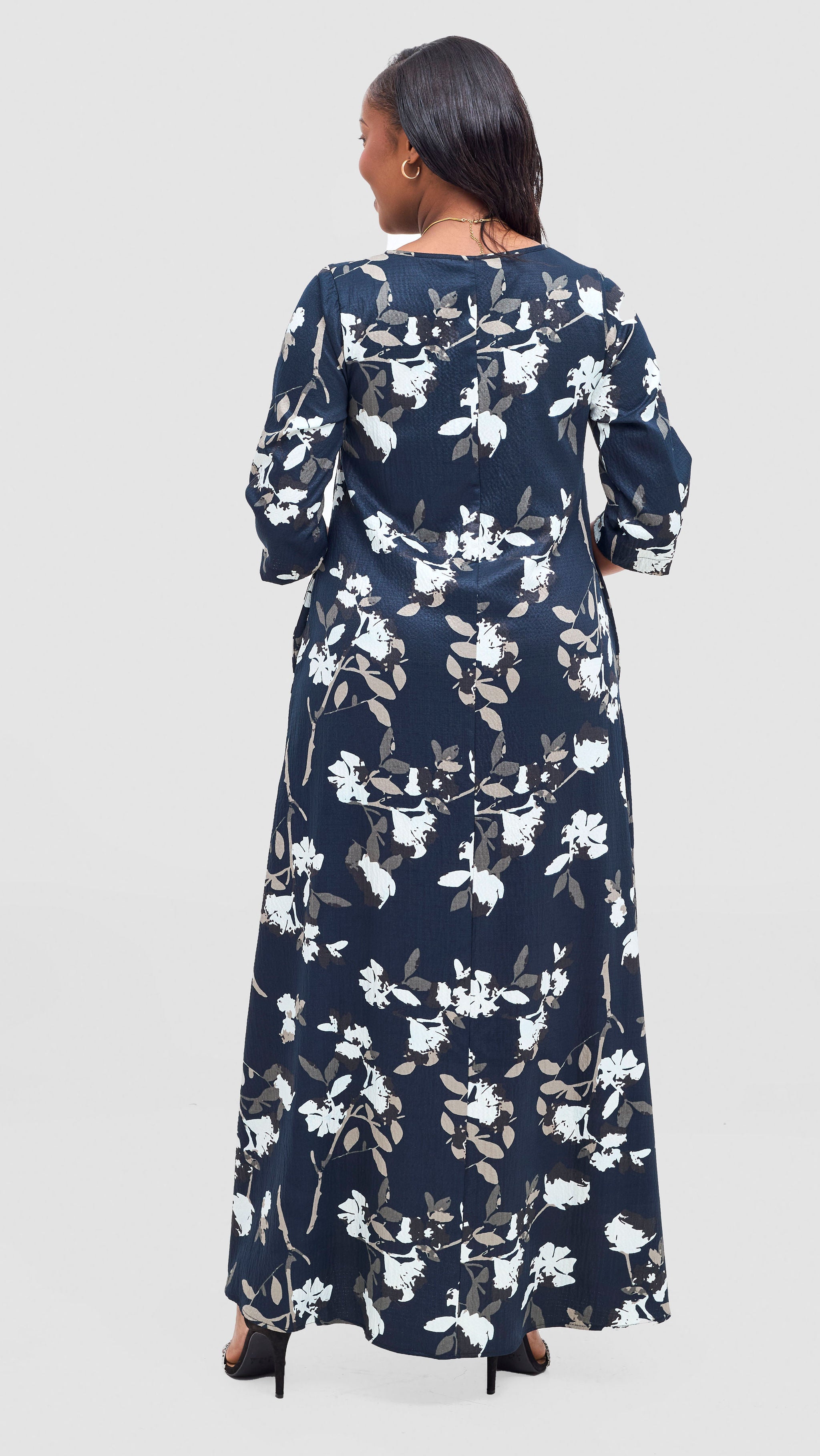 Vivo Maisha 3/4 Sleeve Maxi Dress - Navy / Grey Print