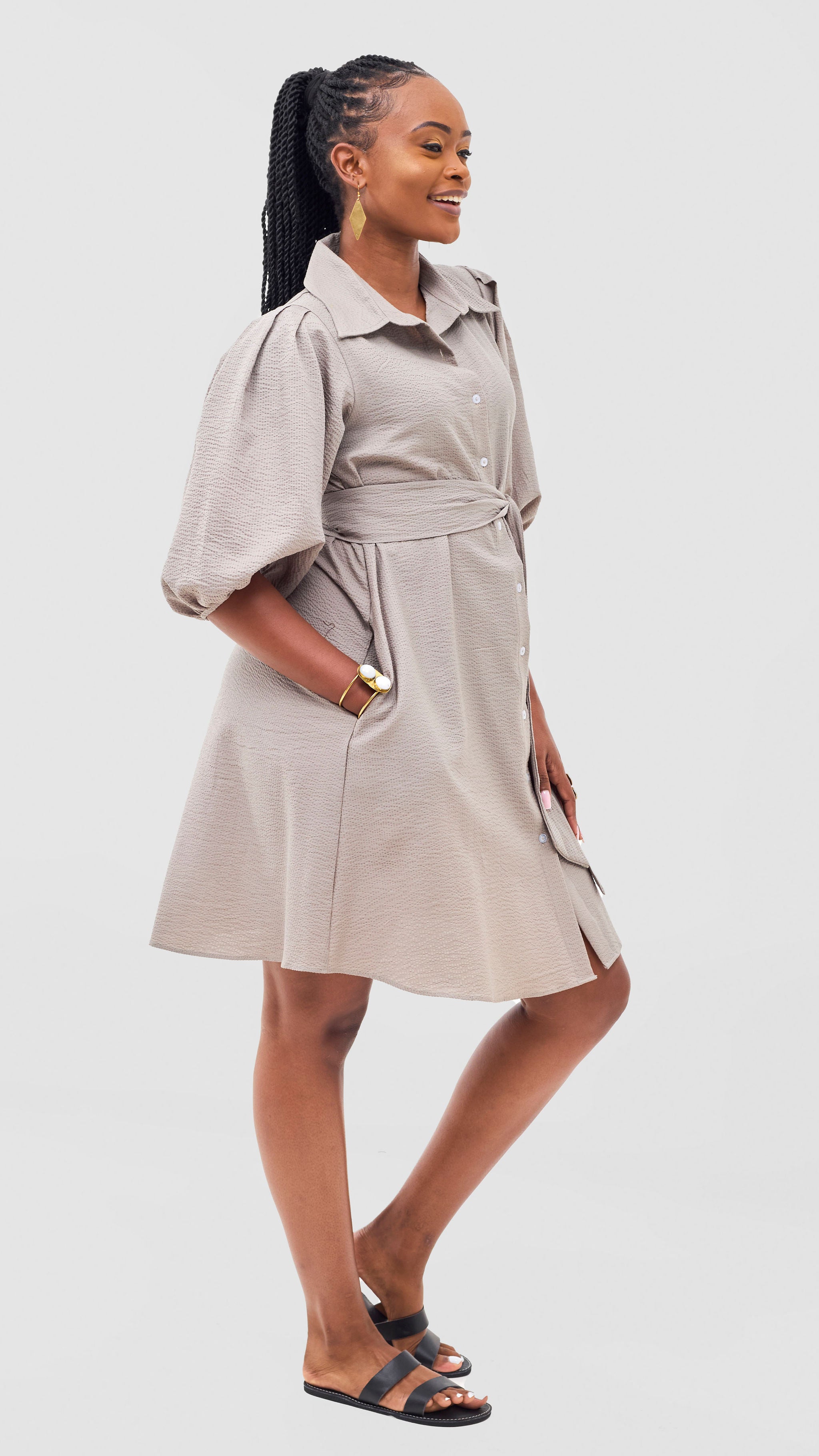 Safari Naledi 3/4 Sleeve Tent Dress - Taupe Puff Stripes