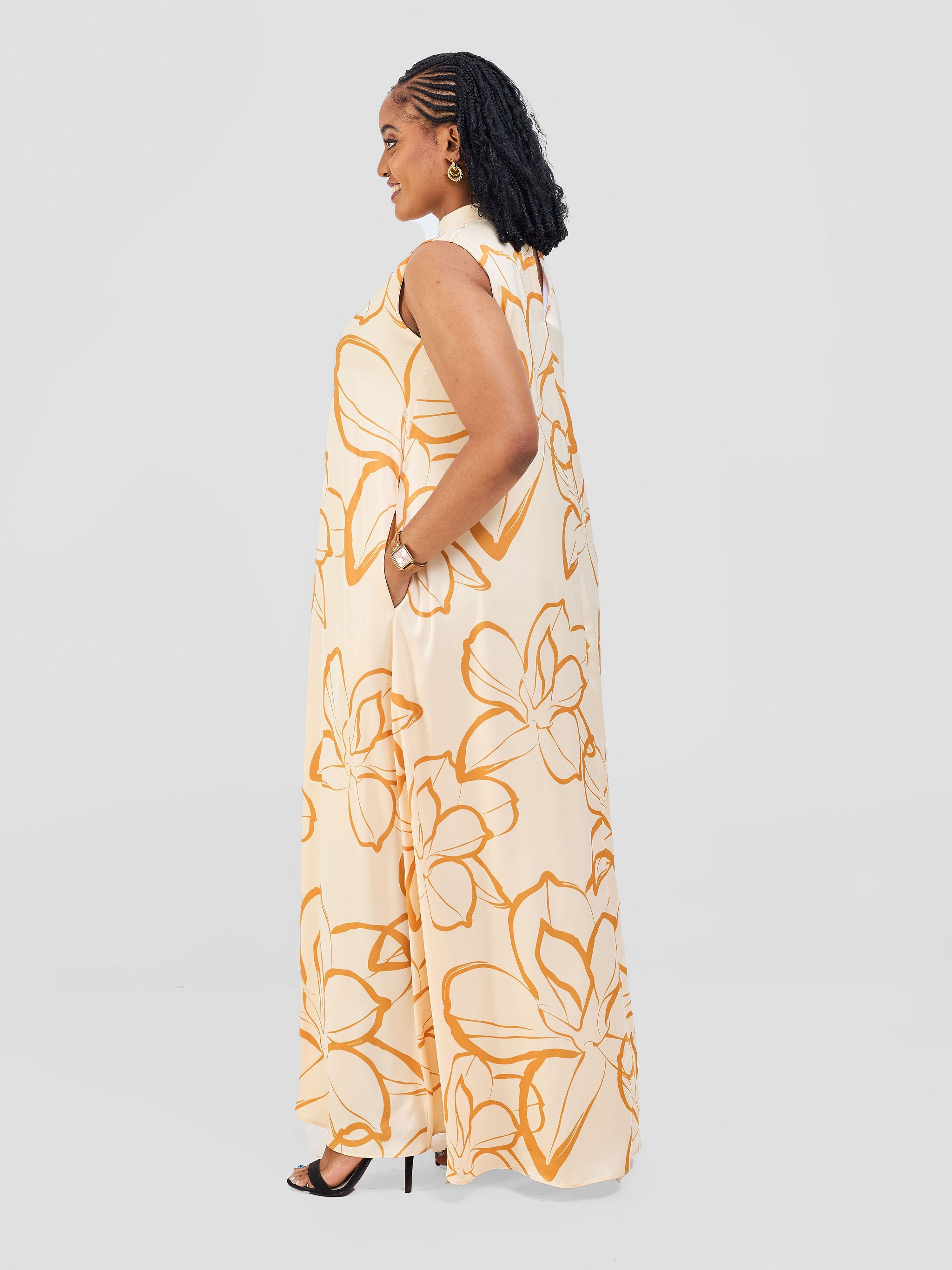 Vivo Thando Mock Neck Maxi Dress - Buttermilk / Mustard Ruvu Print