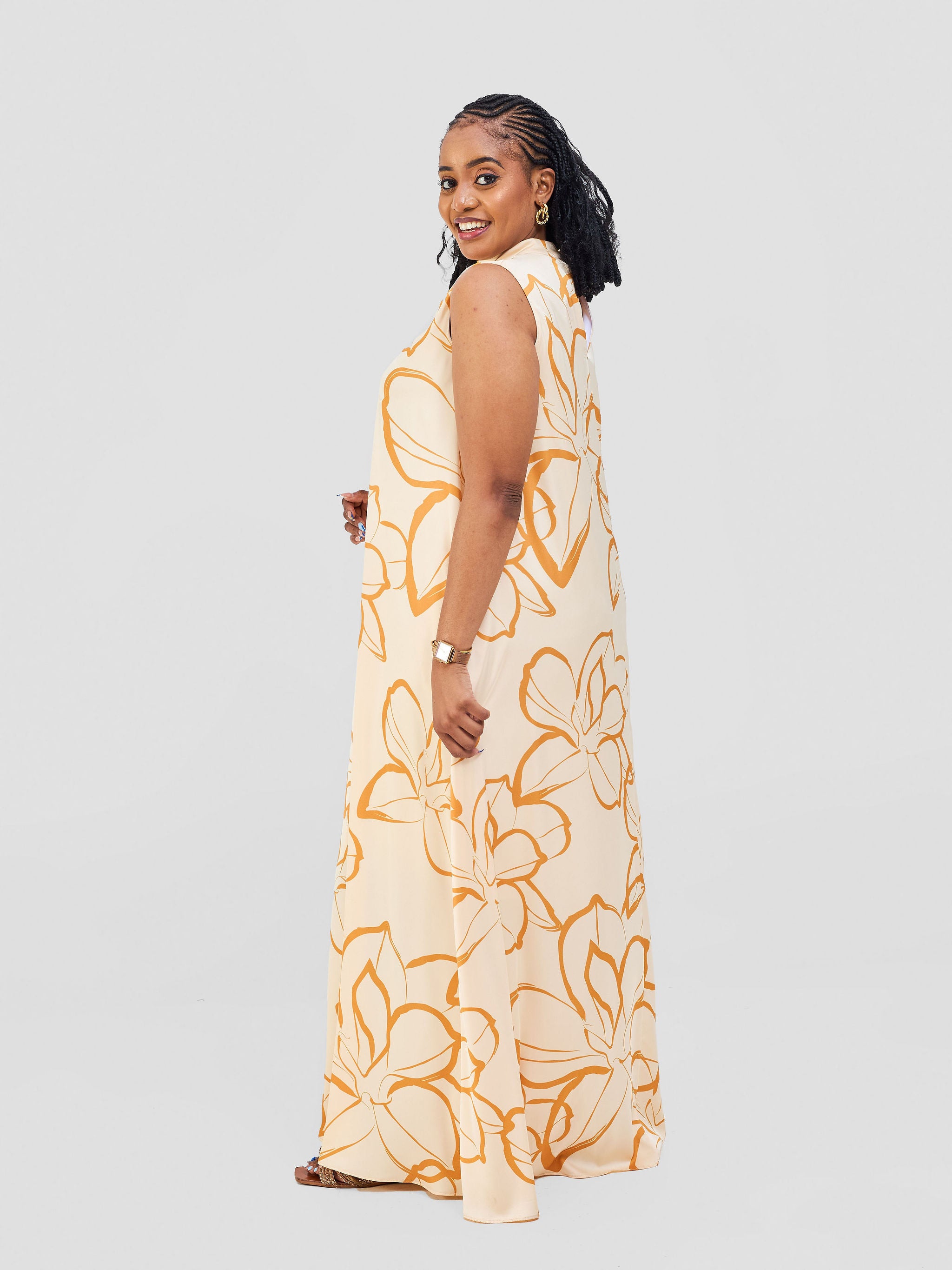 Vivo Thando Mock Neck Maxi Dress - Buttermilk / Mustard Ruvu Print