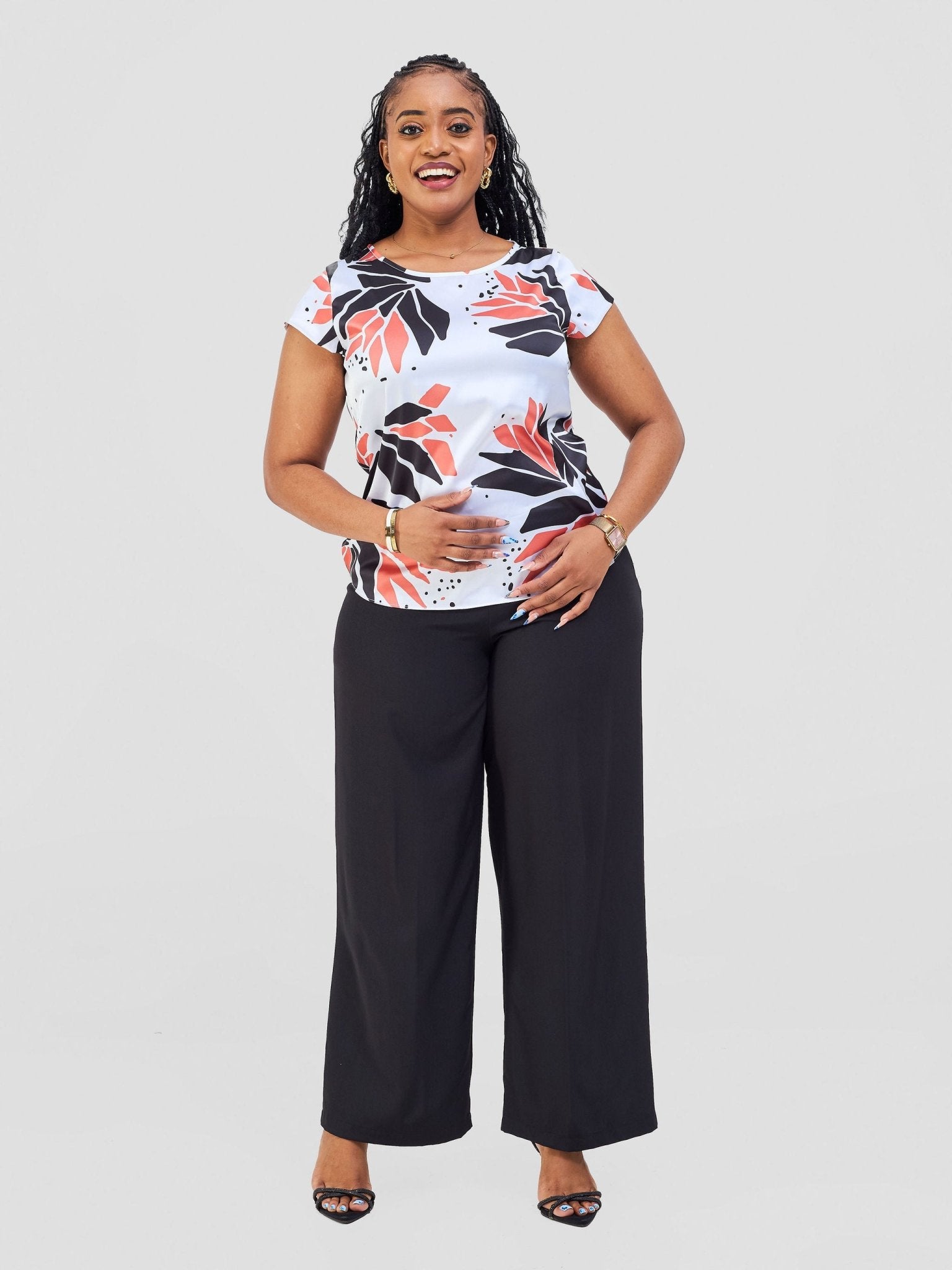 Vivo Basic Satin Cap Sleeve Top - White / Orange Tullu Print