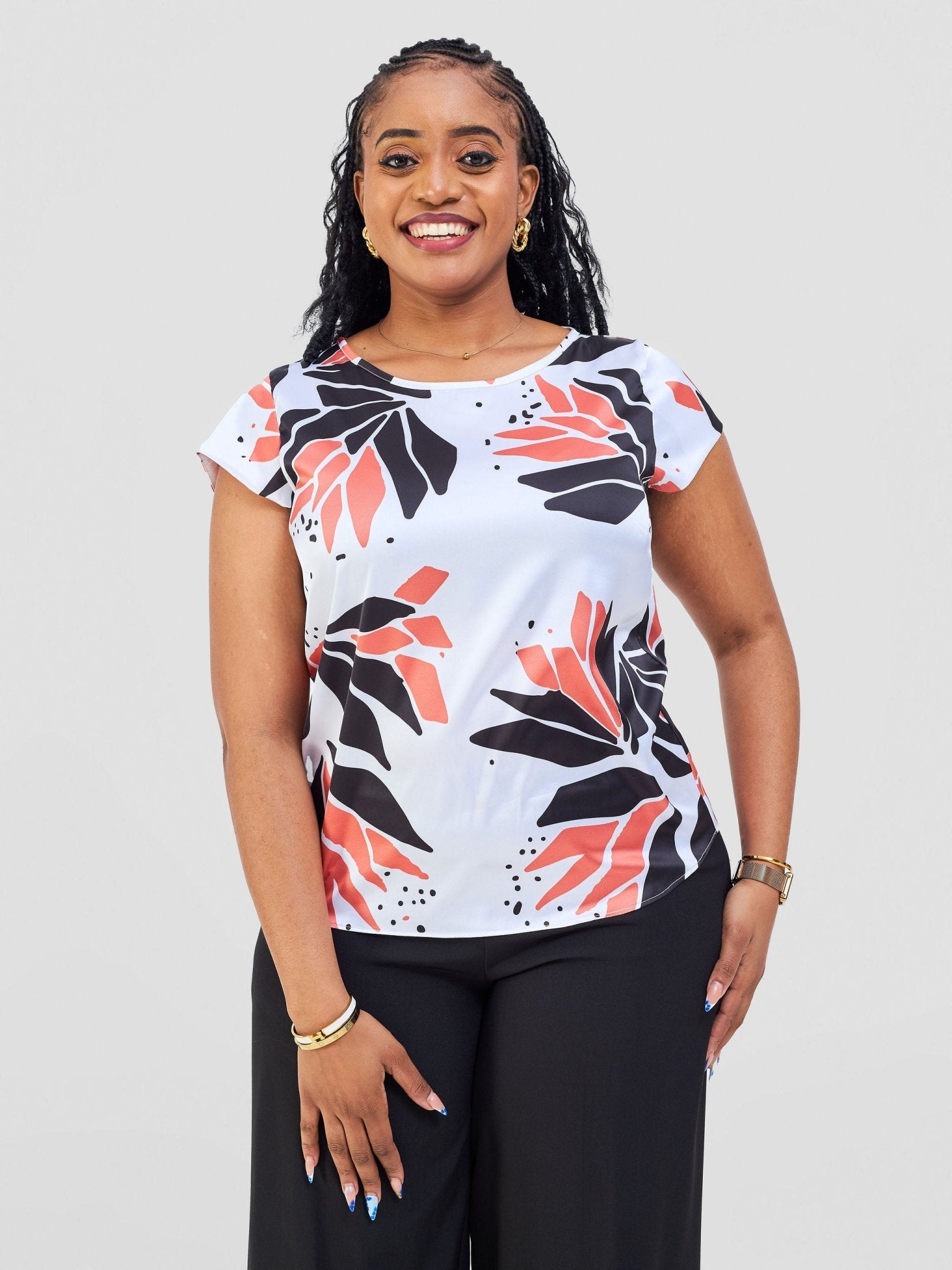 Vivo Basic Satin Cap Sleeve Top - White / Orange Tullu Print