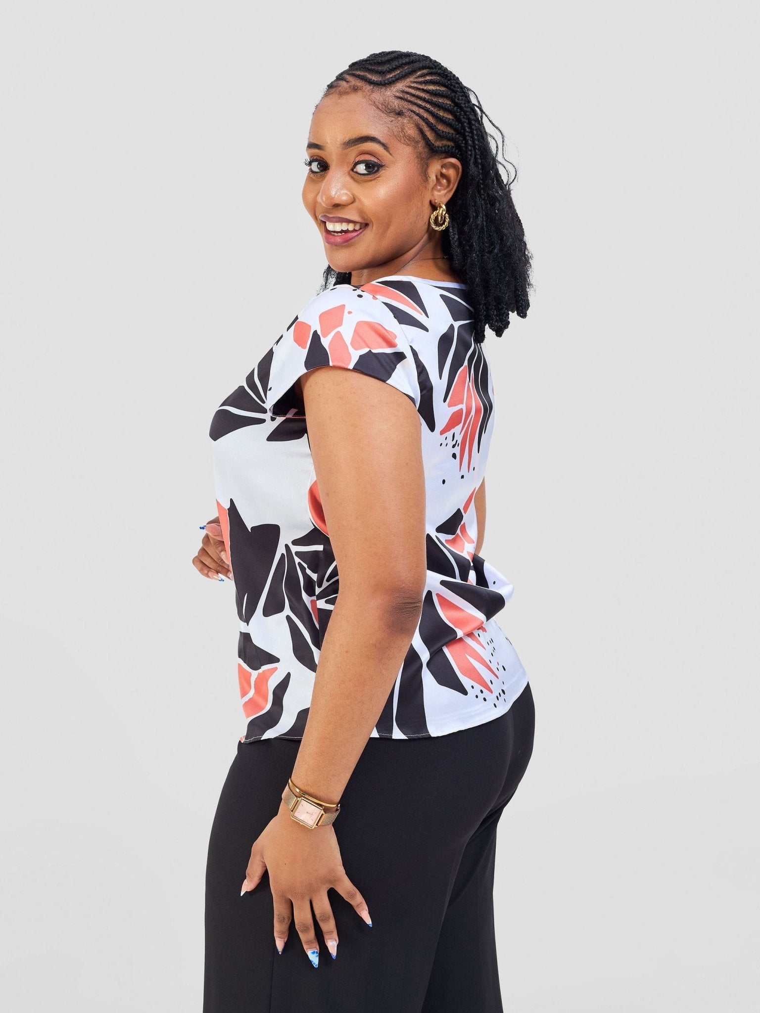 Vivo Basic Satin Cap Sleeve Top - White / Orange Tullu Print
