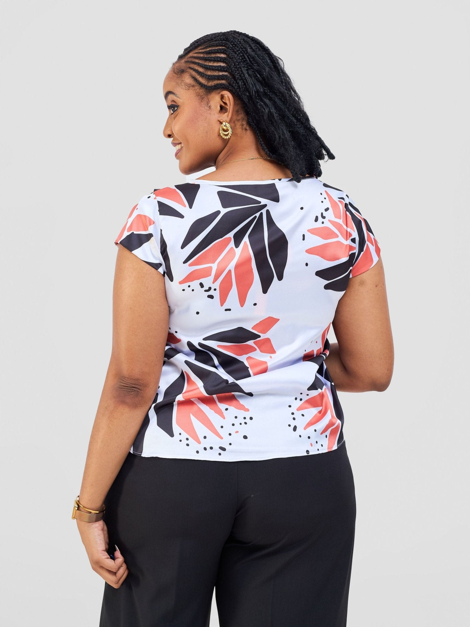Vivo Basic Satin Cap Sleeve Top - White / Orange Tullu Print