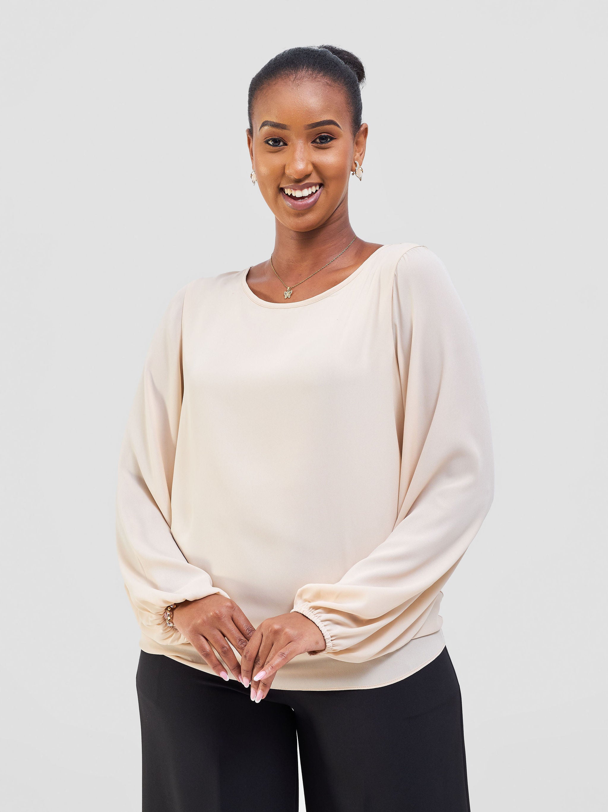 Vivo Basic Chiffon Bishop Sleeve Top (Double Layered) - Beige