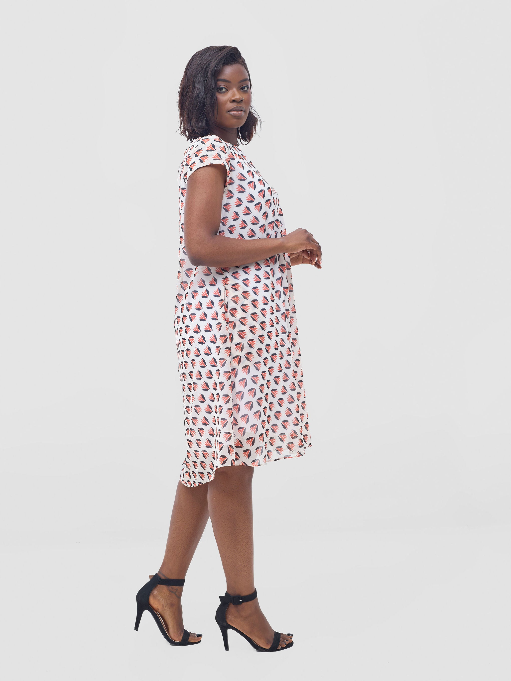 Vivo Sierra Cap Sleeve Tent Chiffon Dress - Orange / Black Ullu Print