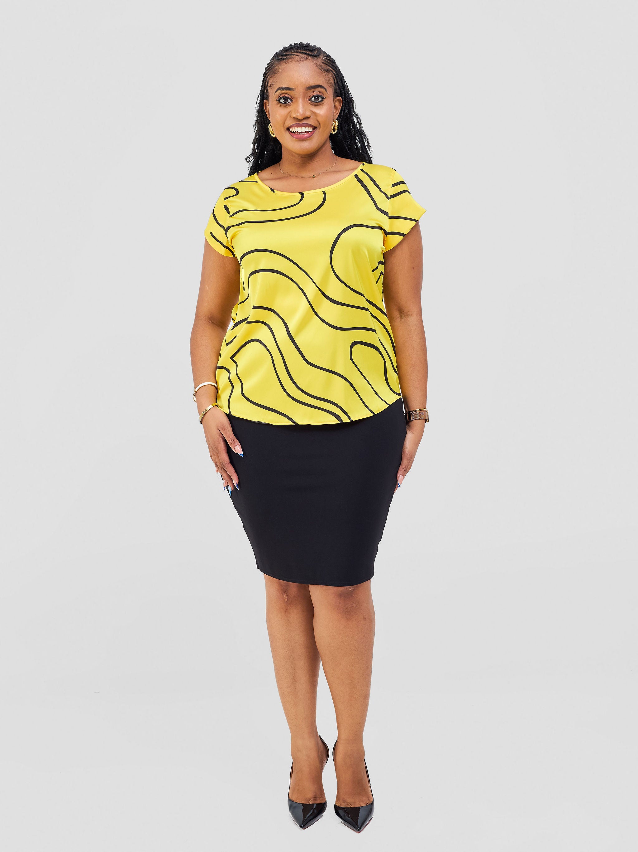 Vivo Basic Satin Cap Sleeve Top - Yellow / Black Hini Print