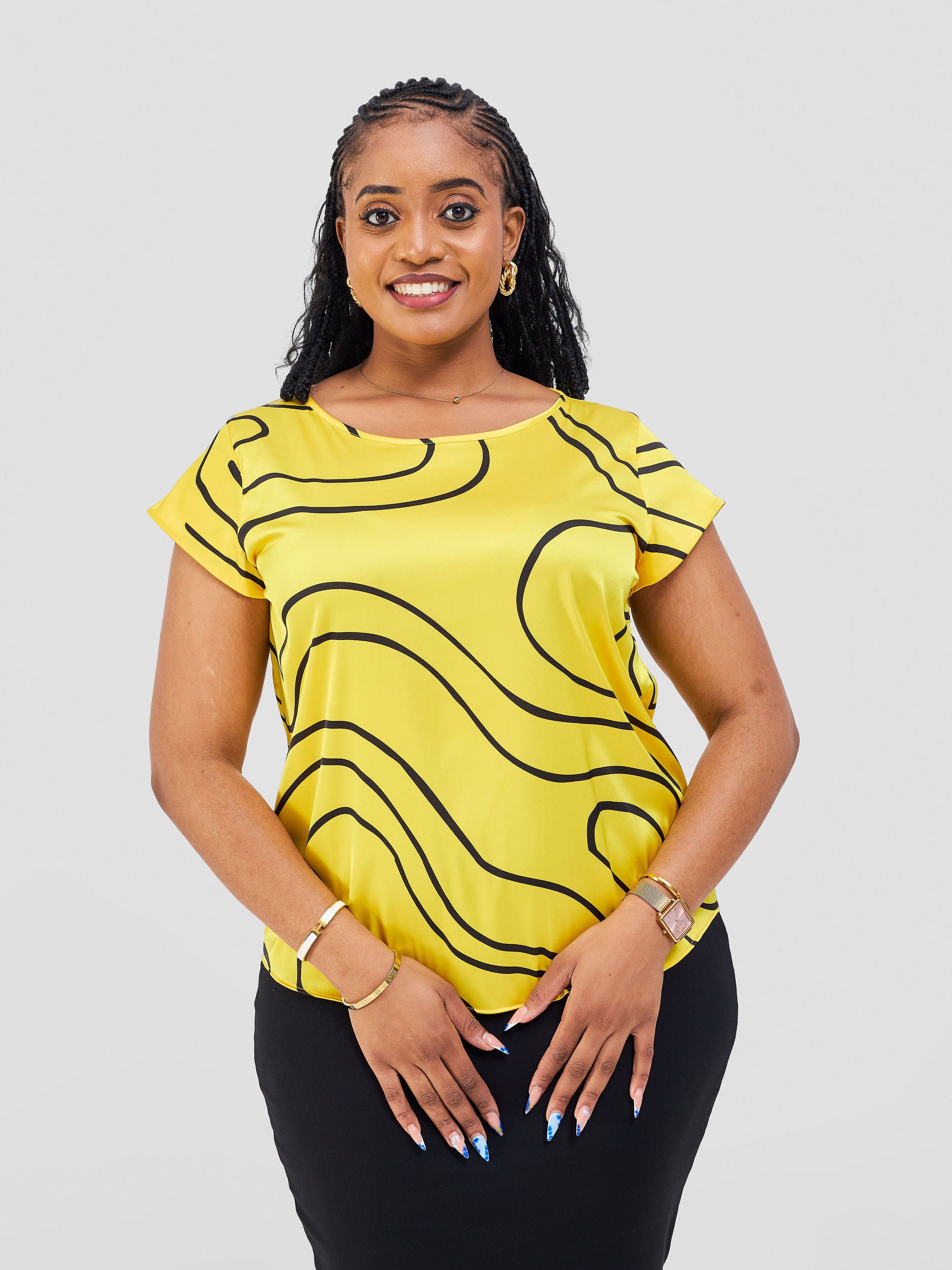 Vivo Basic Satin Cap Sleeve Top - Yellow / Black Hini Print