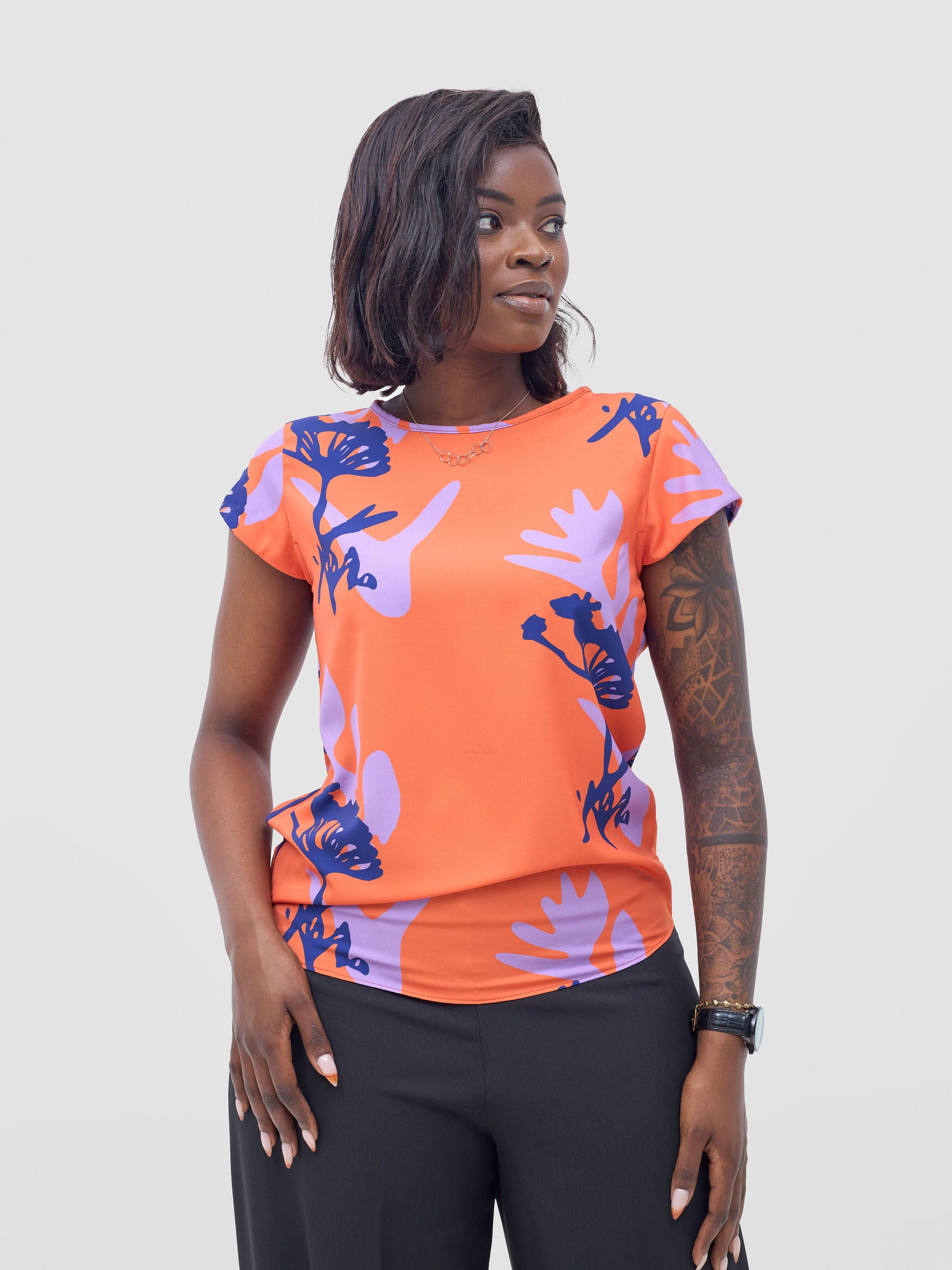 Vivo Basic Crepe Cap Sleeved Top - Orange / Lilac Abasi Print
