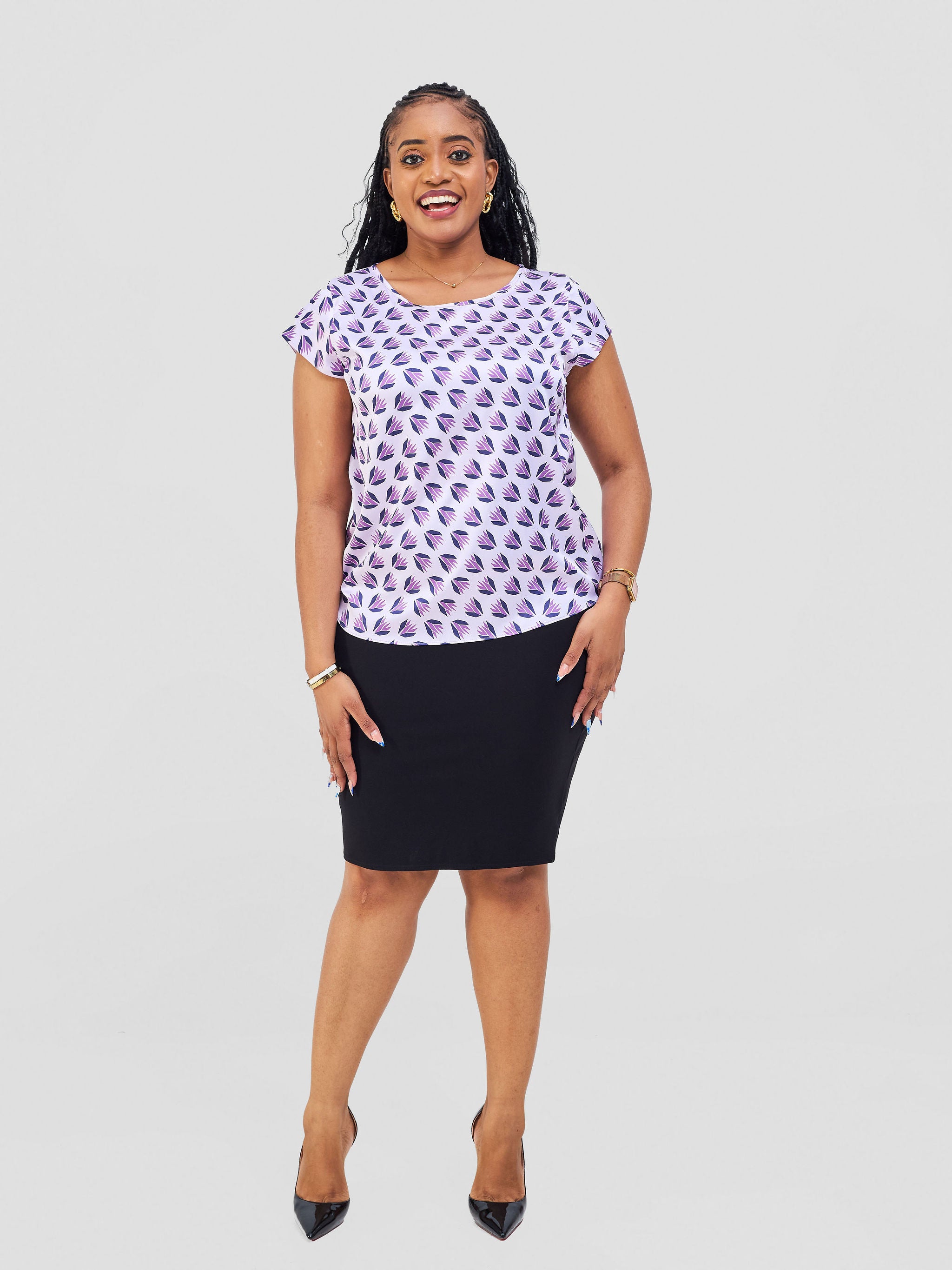 Vivo Basic Satin Cap Sleeve Top - Lilac / Navy Ullu Print