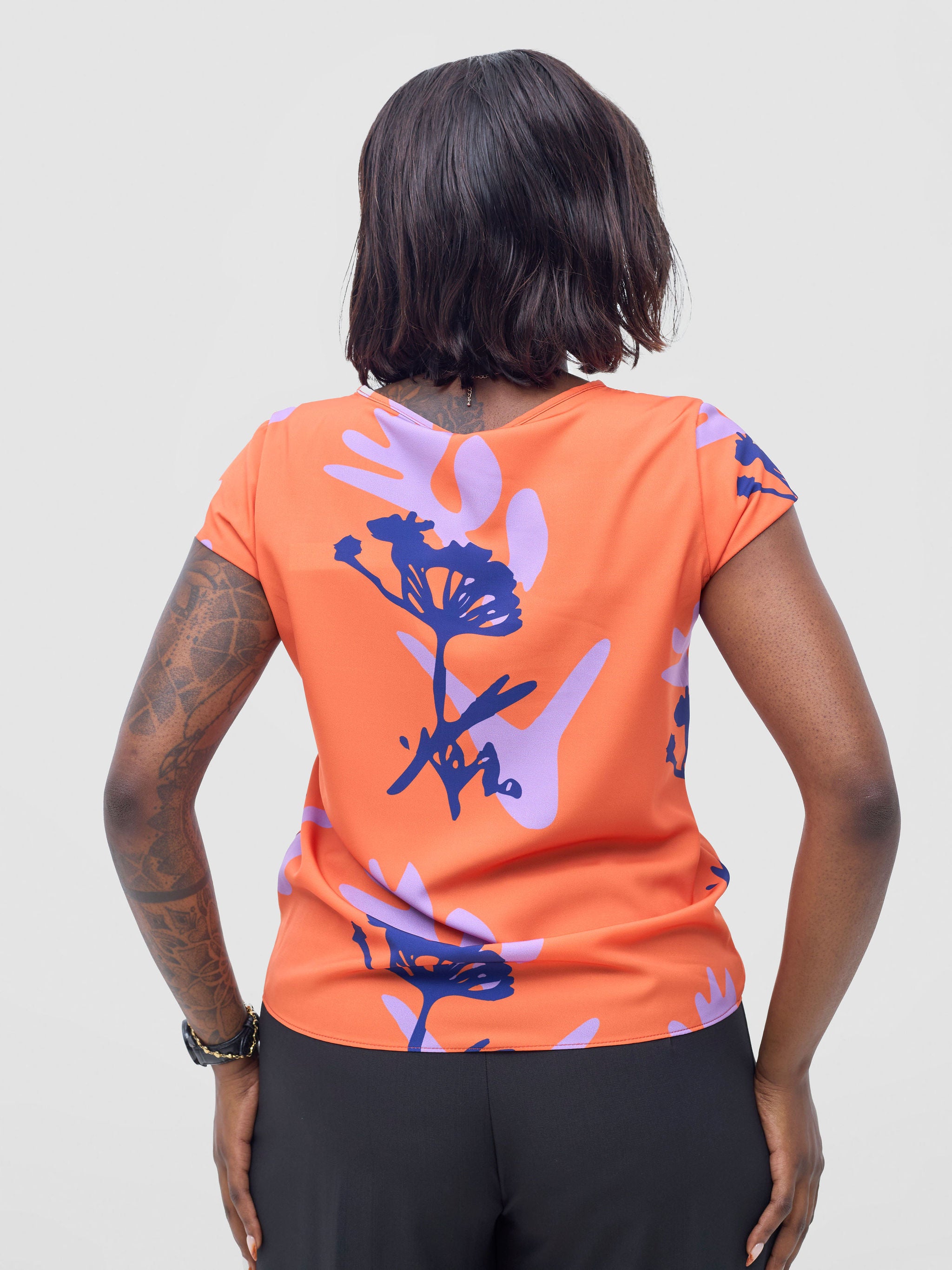 Vivo Basic Crepe Cap Sleeved Top - Orange / Lilac Abasi Print