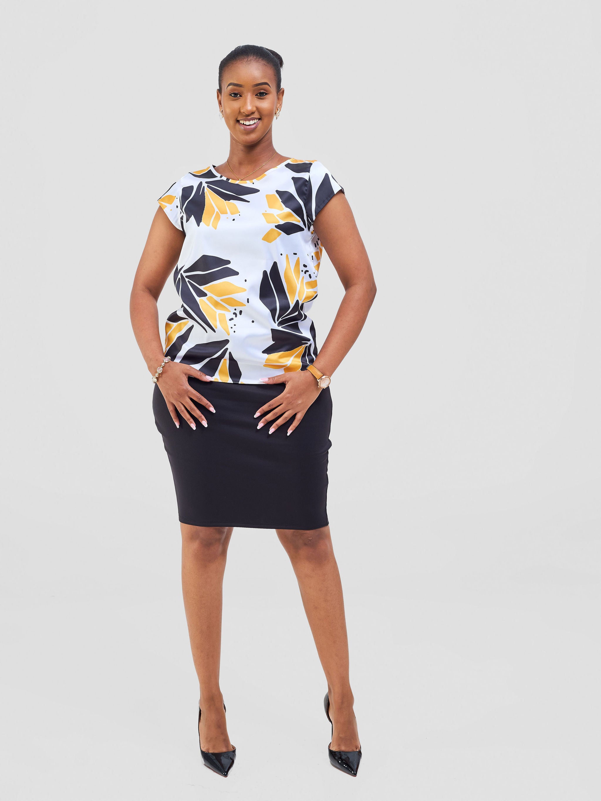 Vivo Basic Satin Cap Sleeve Top - White / Mustard Tullu Print