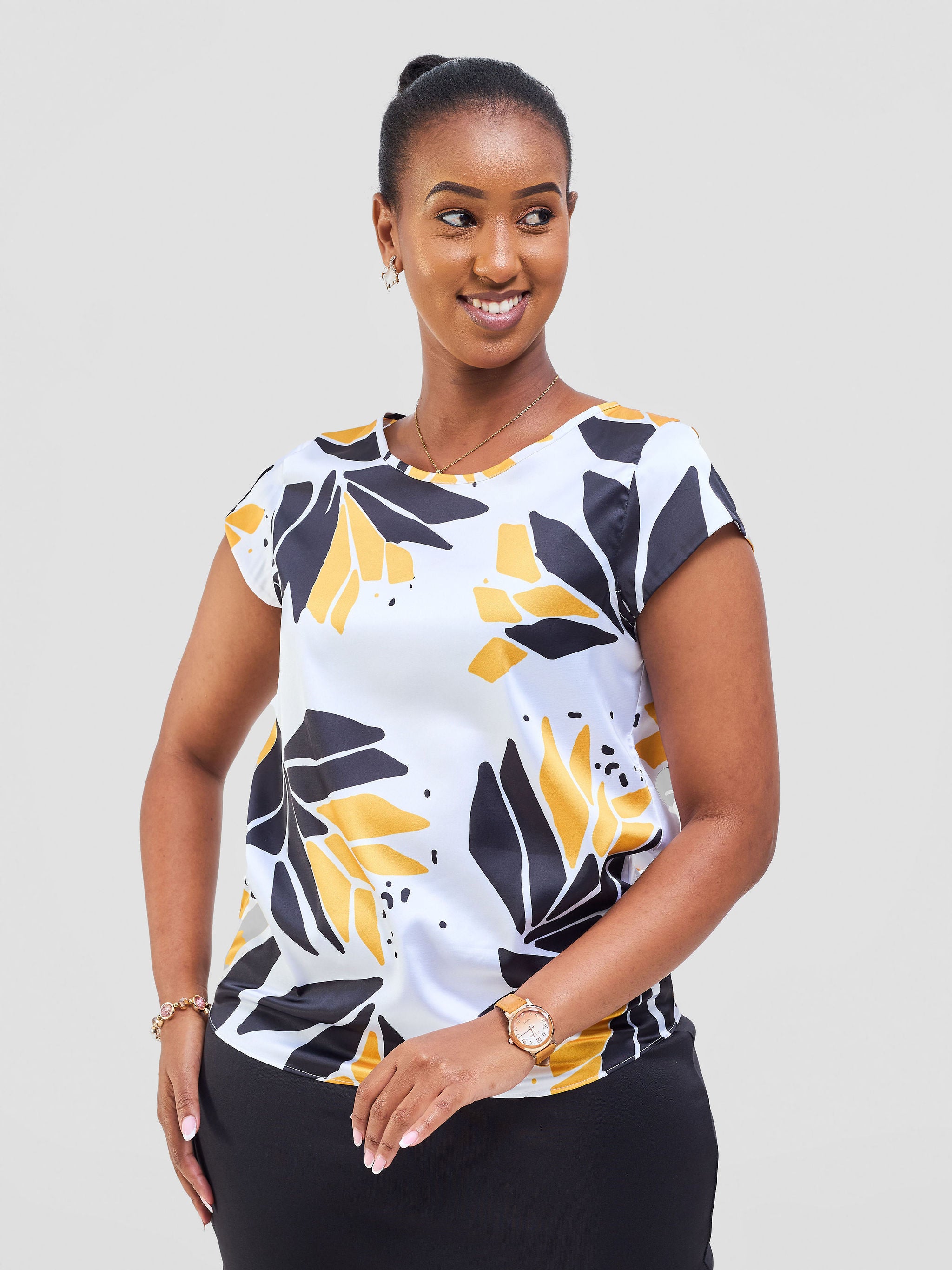 Vivo Basic Satin Cap Sleeve Top - White / Mustard Tullu Print