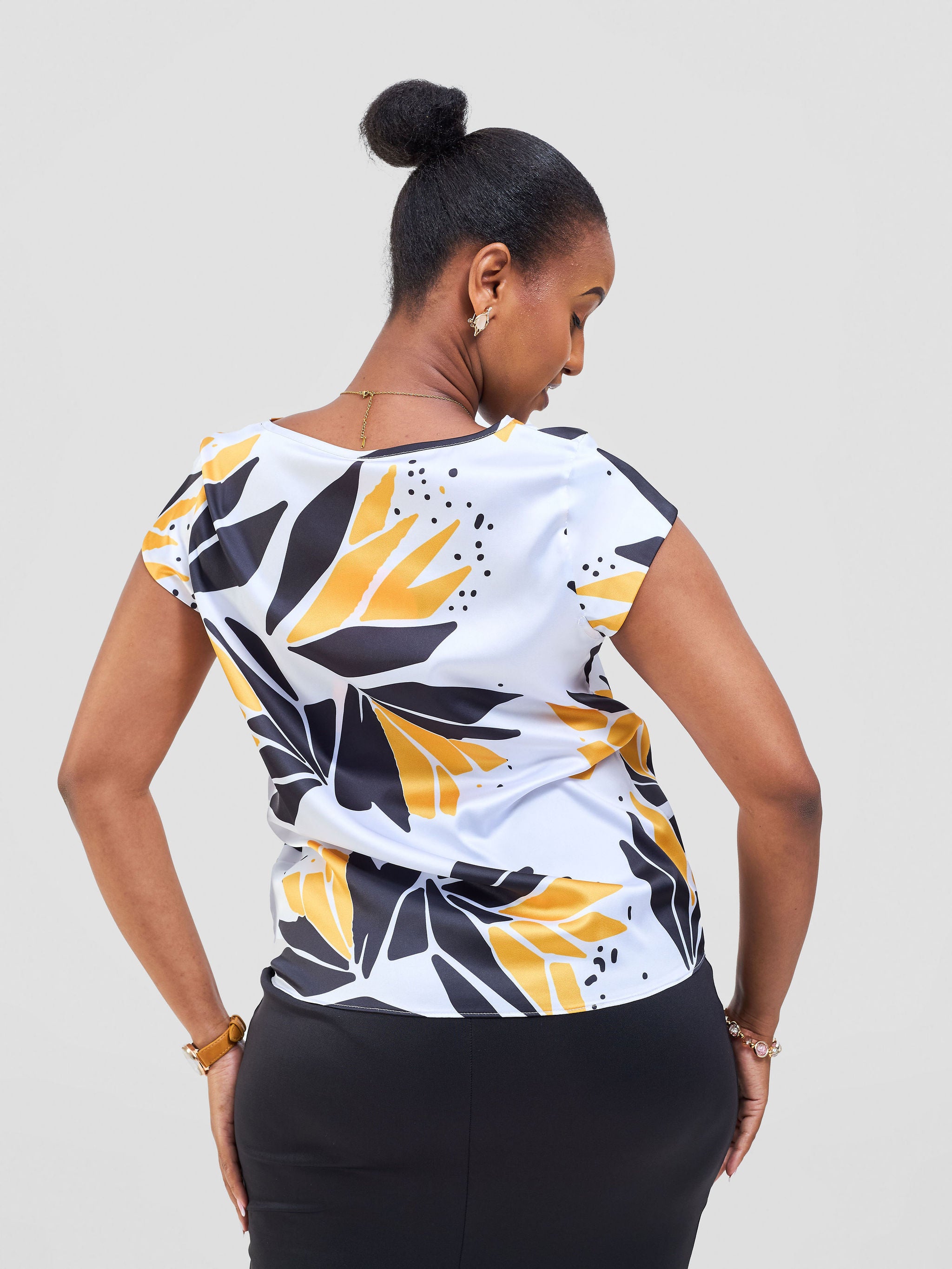 Vivo Basic Satin Cap Sleeve Top - White / Mustard Tullu Print