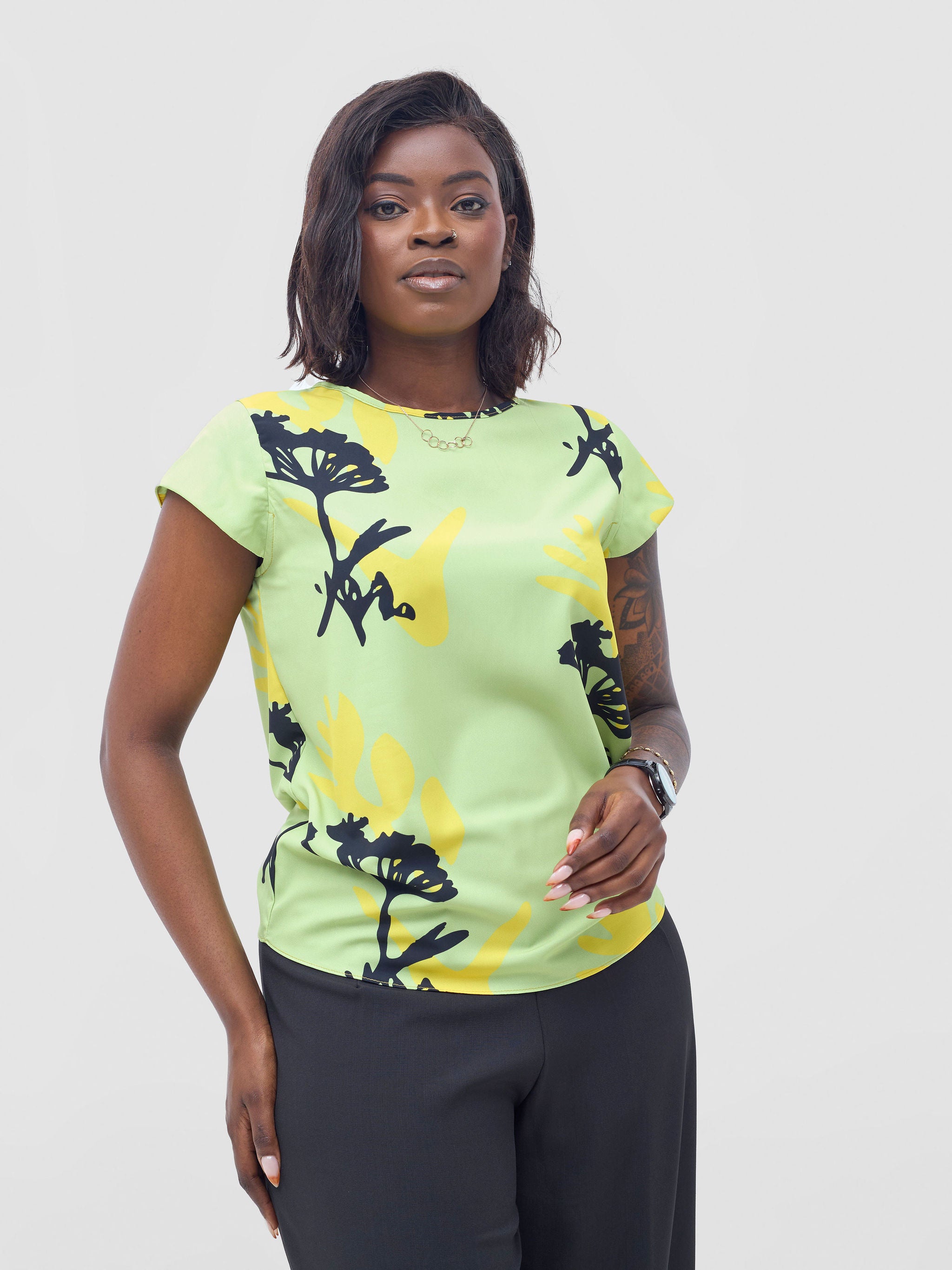 Vivo Basic Crepe Cap Sleeved Top - Lime / Yellow Abasi Print