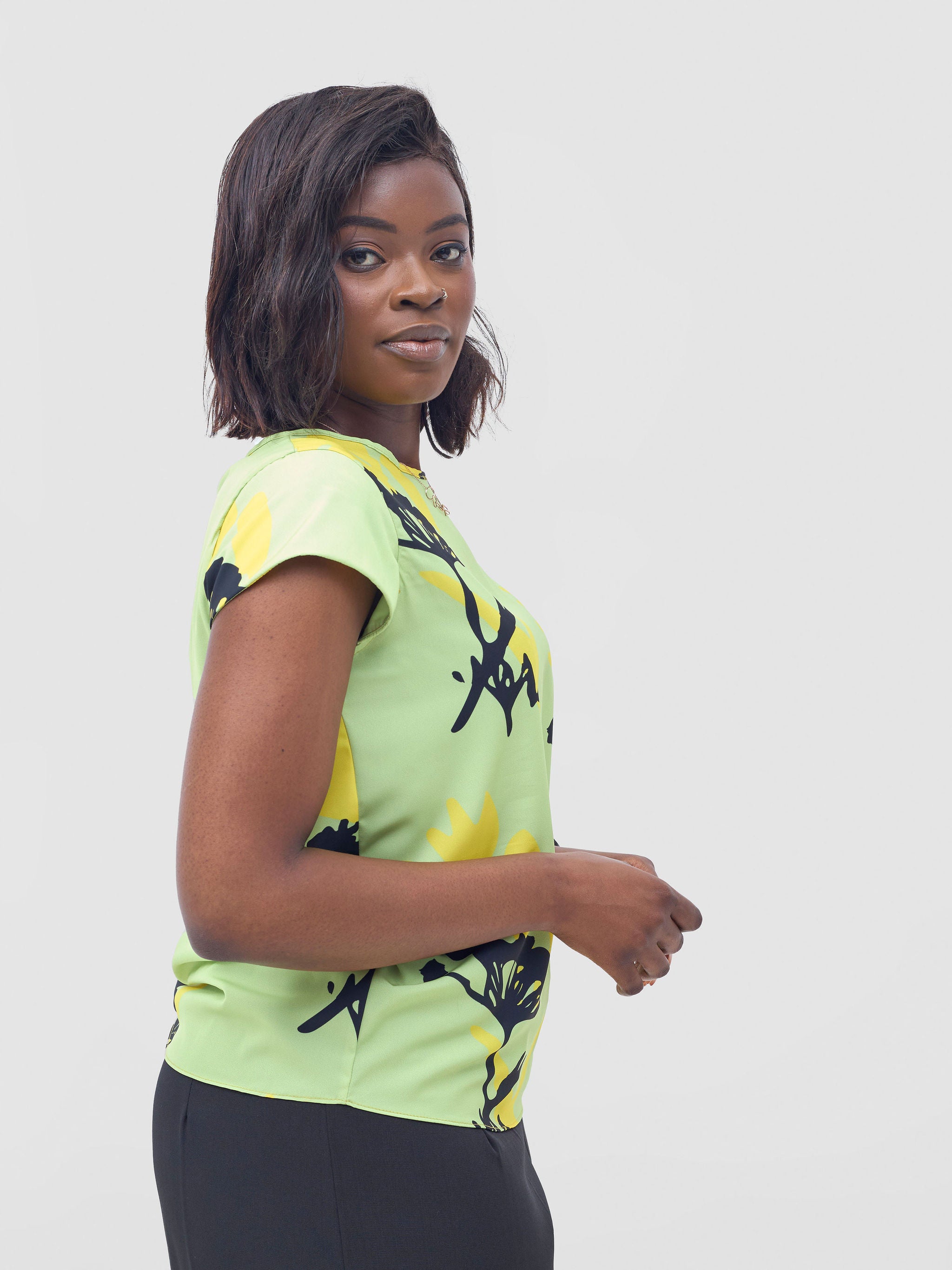 Vivo Basic Crepe Cap Sleeved Top - Lime / Yellow Abasi Print