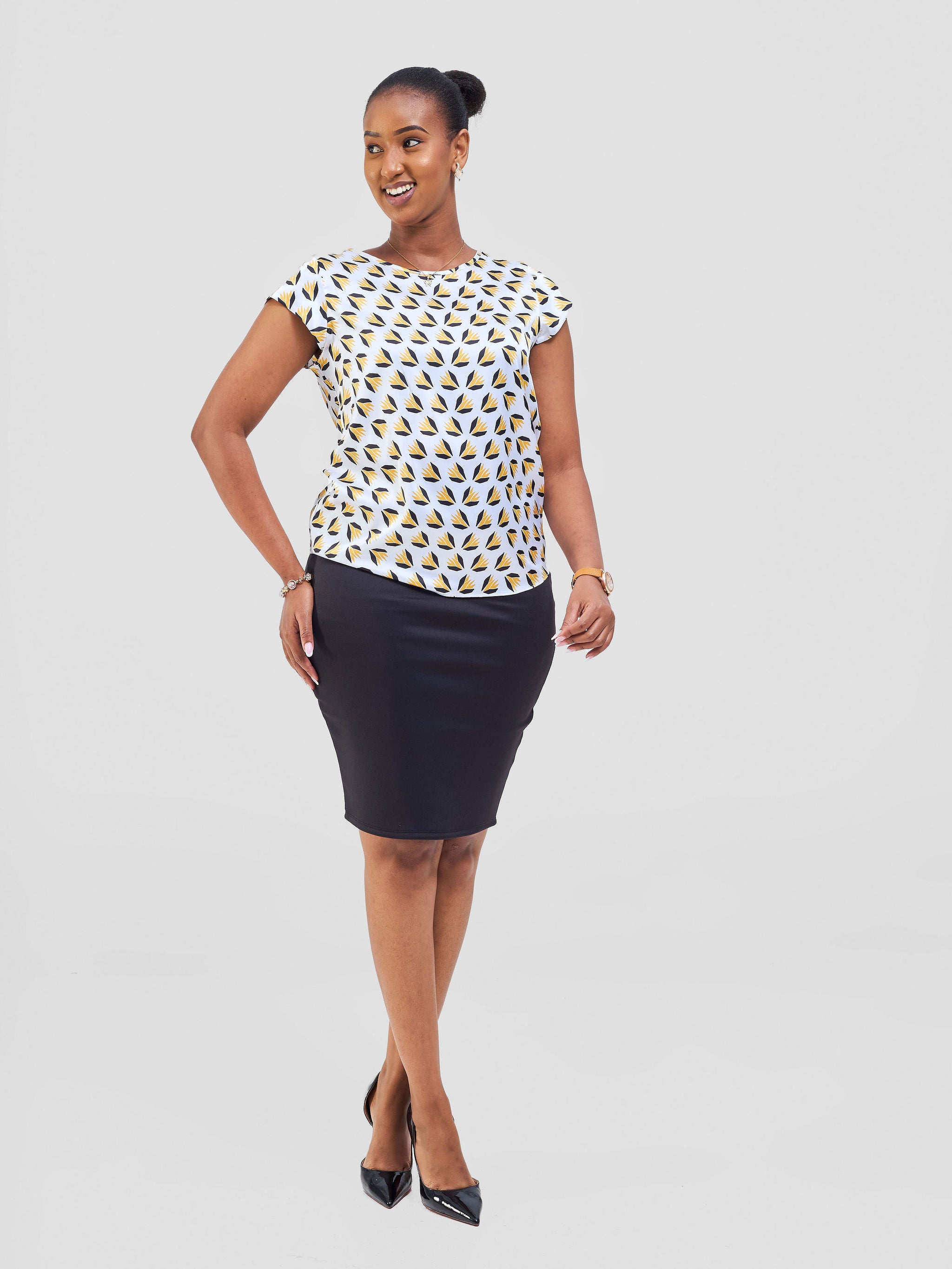 Vivo Basic Satin Cap Sleeve Top - White / Mustard Ullu Print