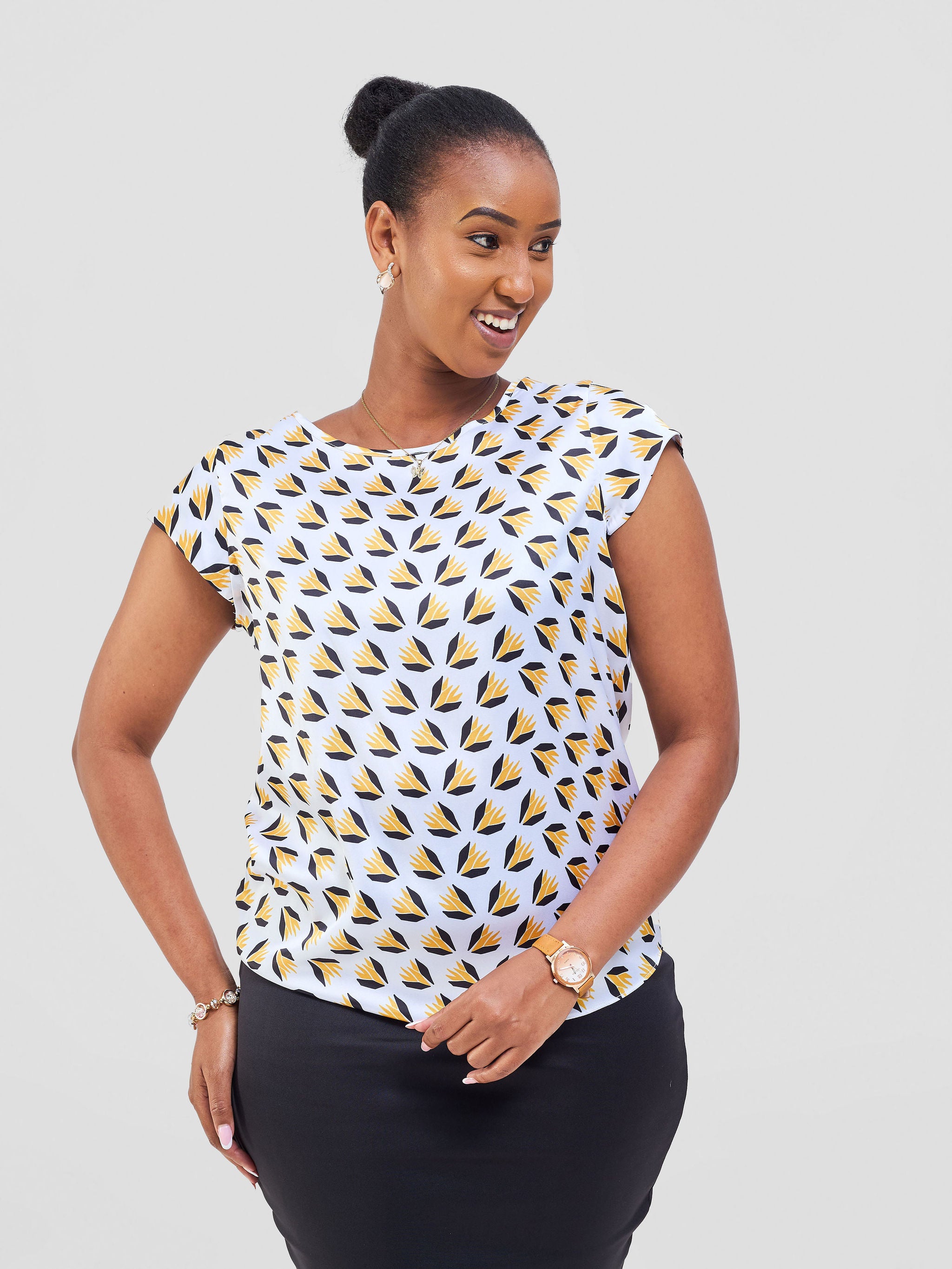 Vivo Basic Satin Cap Sleeve Top - White / Mustard Ullu Print
