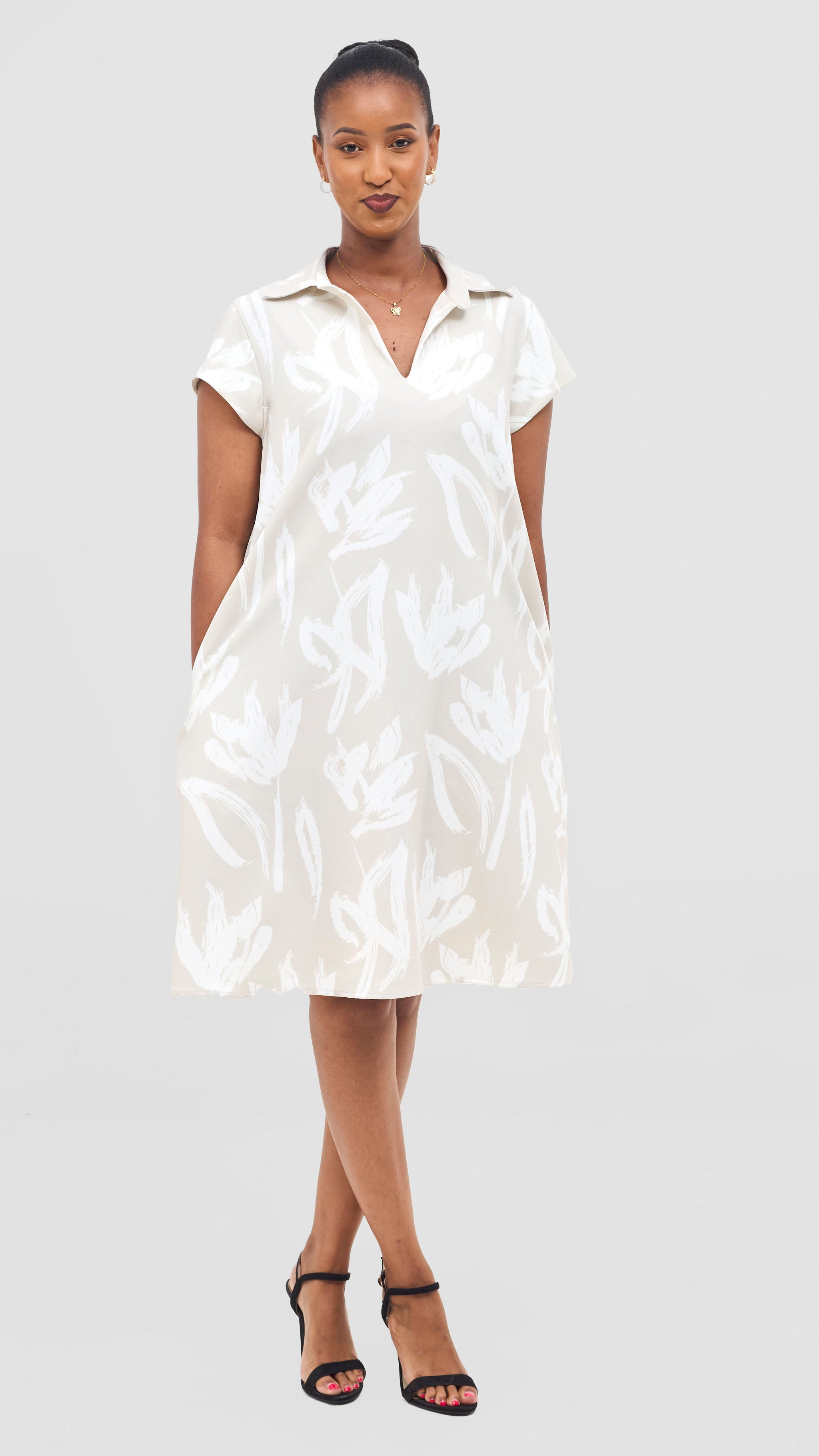 Vivo Mandla Tent Dress - Taupe / White Ela Print
