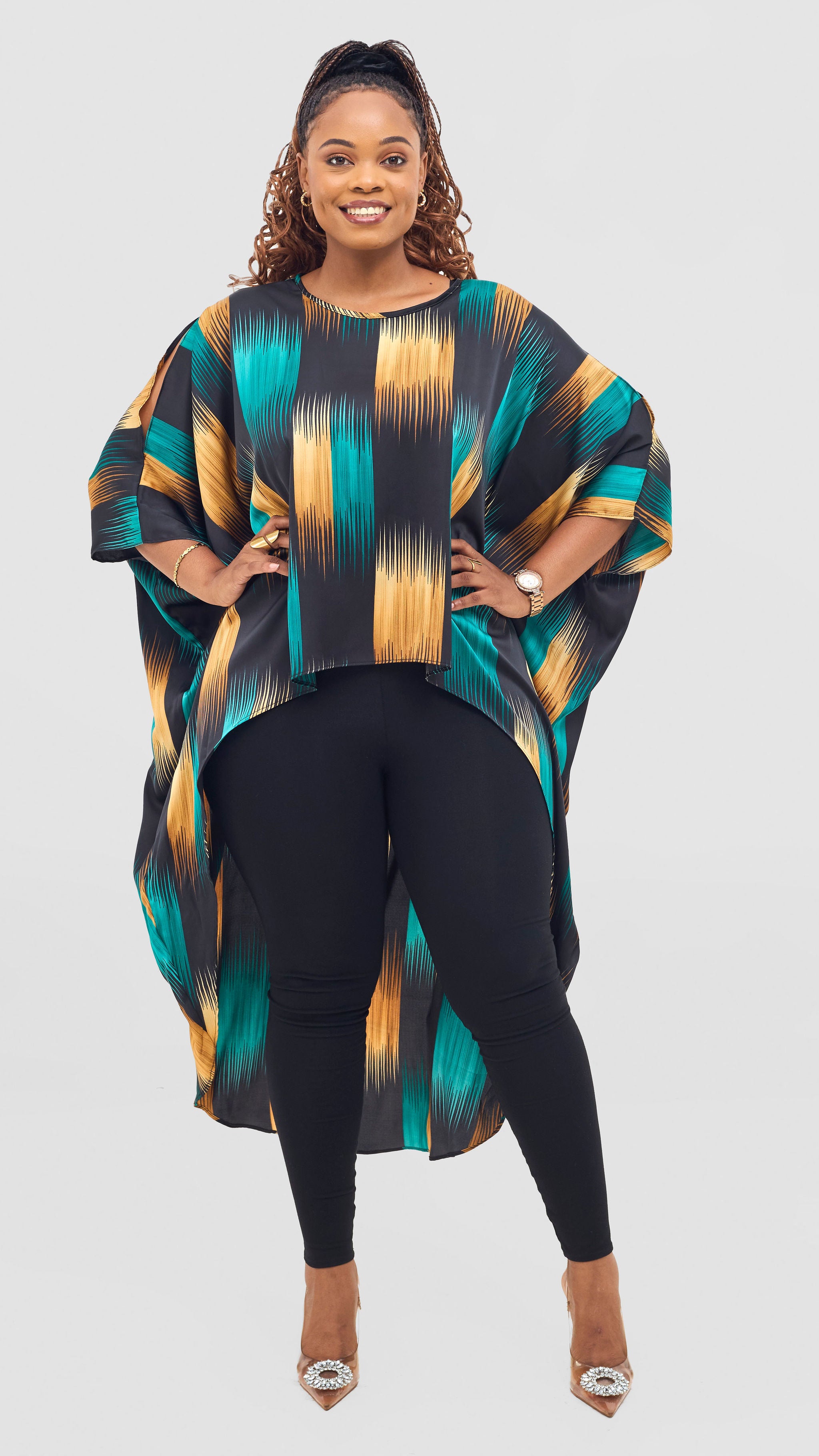 Vivo Hanabi Satin High Low Top - Black / Green Bani Print