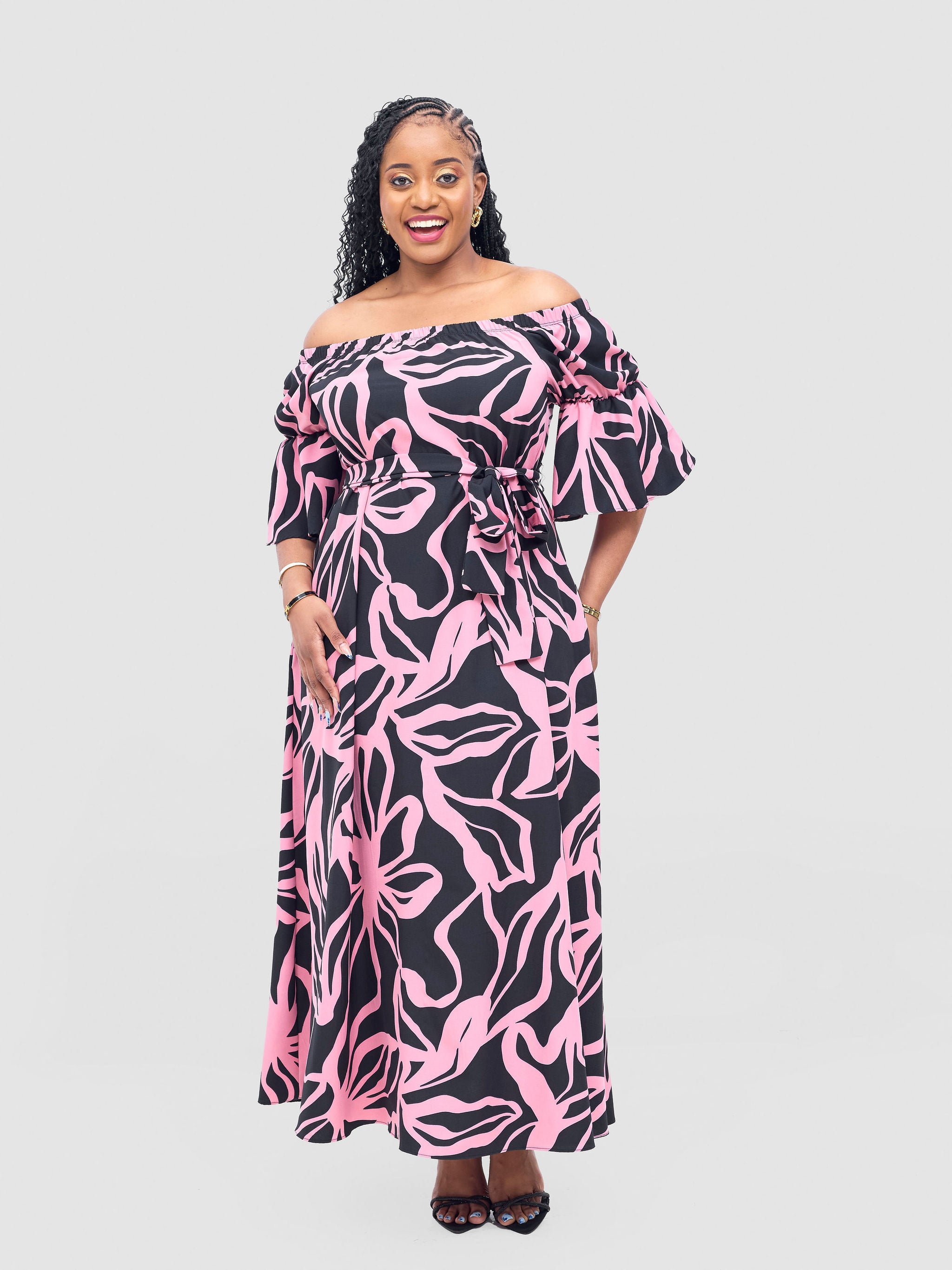 Vivo Tana Off Shoulder Maxi Dress - Pink / Black Dana Print
