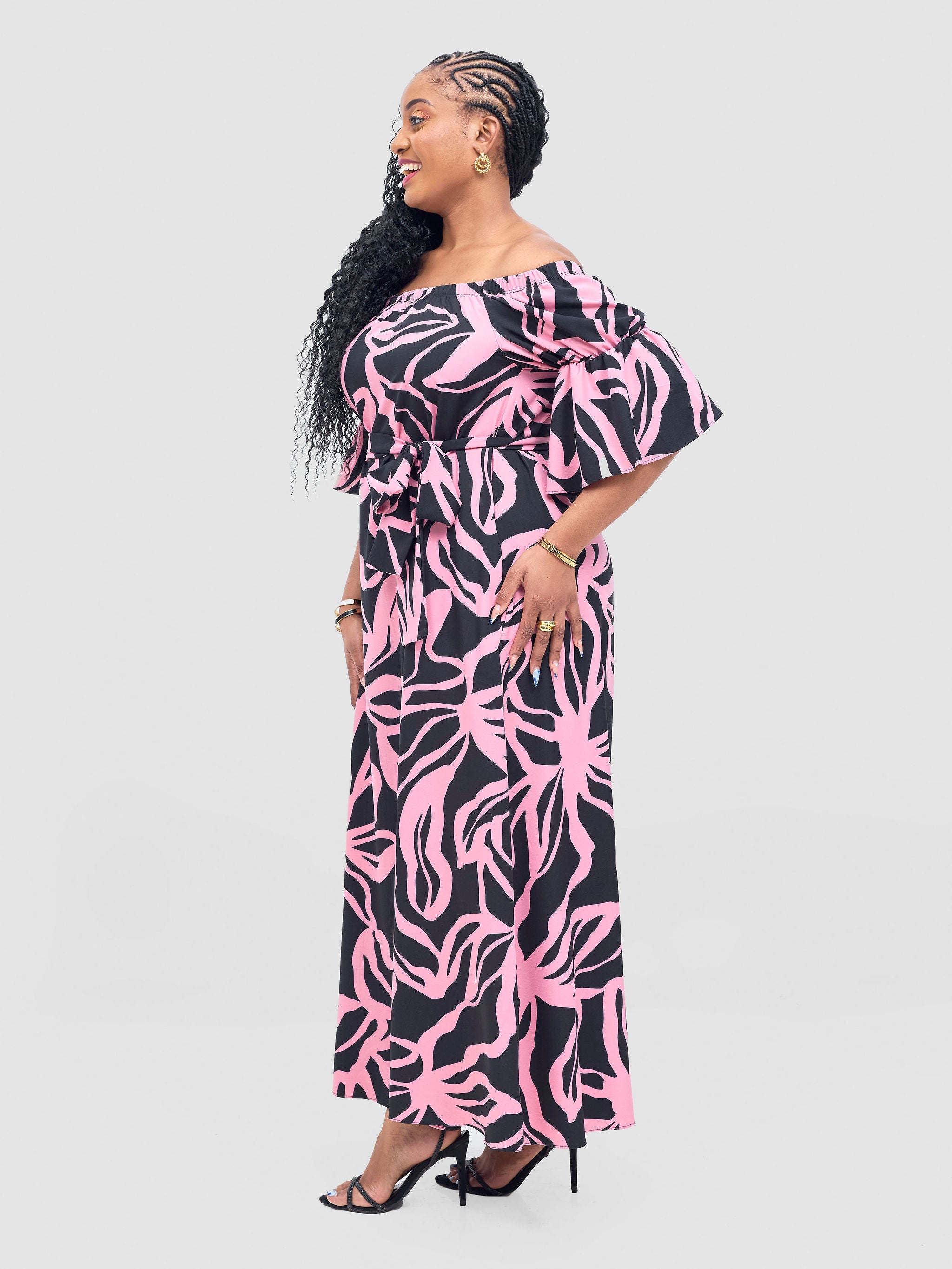 Vivo Tana Off Shoulder Maxi Dress - Pink / Black Dana Print