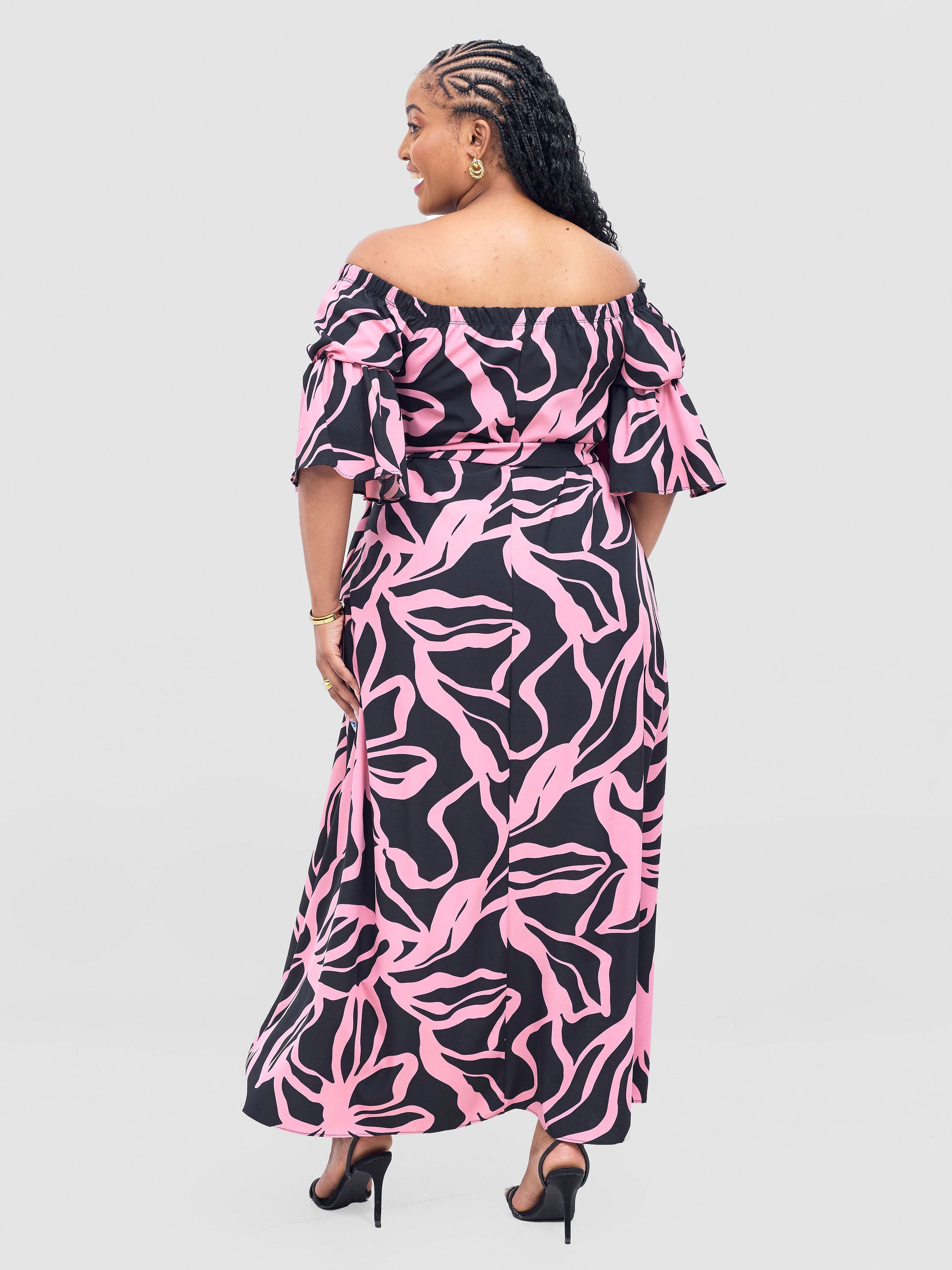 Vivo Tana Off Shoulder Maxi Dress - Pink / Black Dana Print